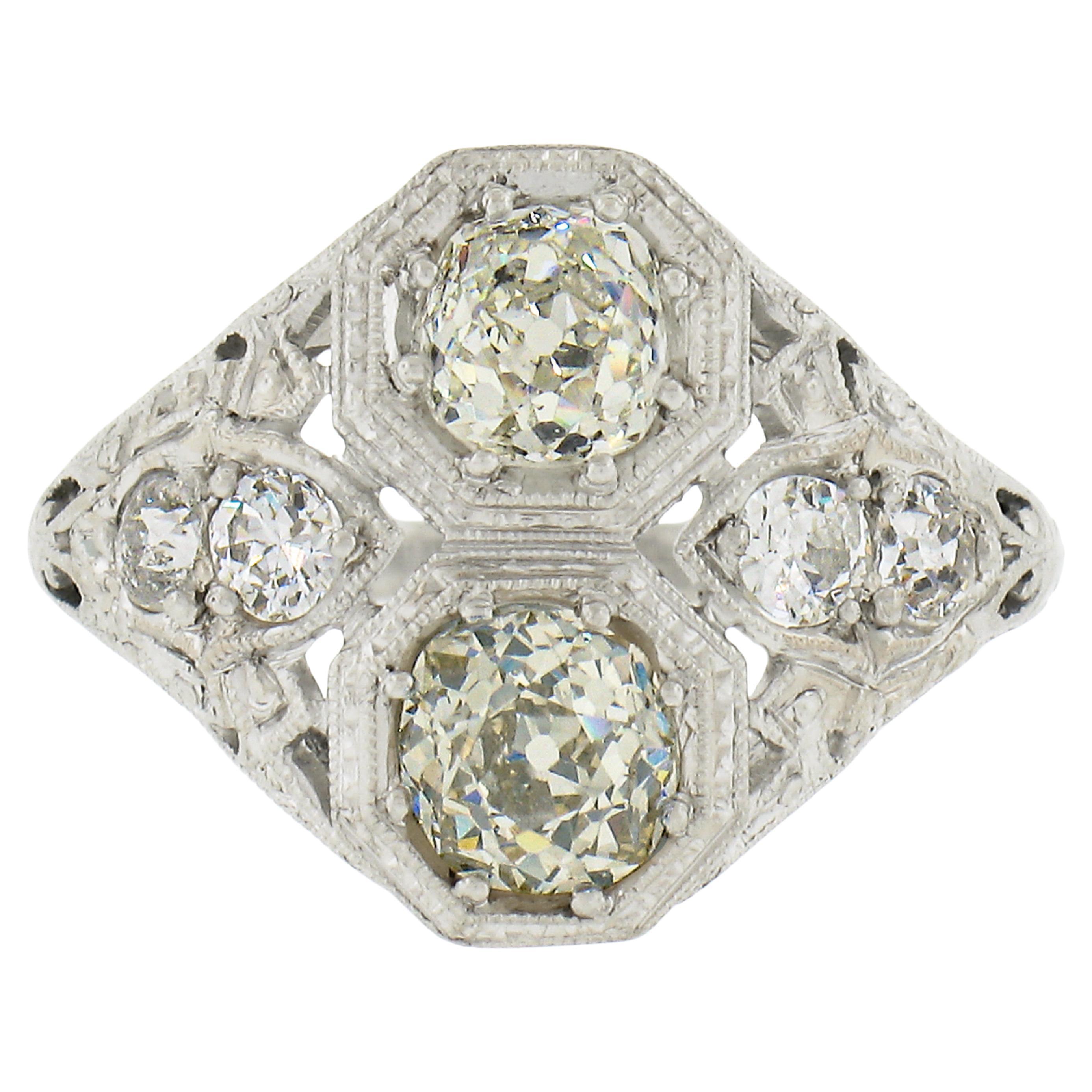 Antique Edwardian Platinum GIA Diamond Milgrain Filigree Work Cocktail Ring