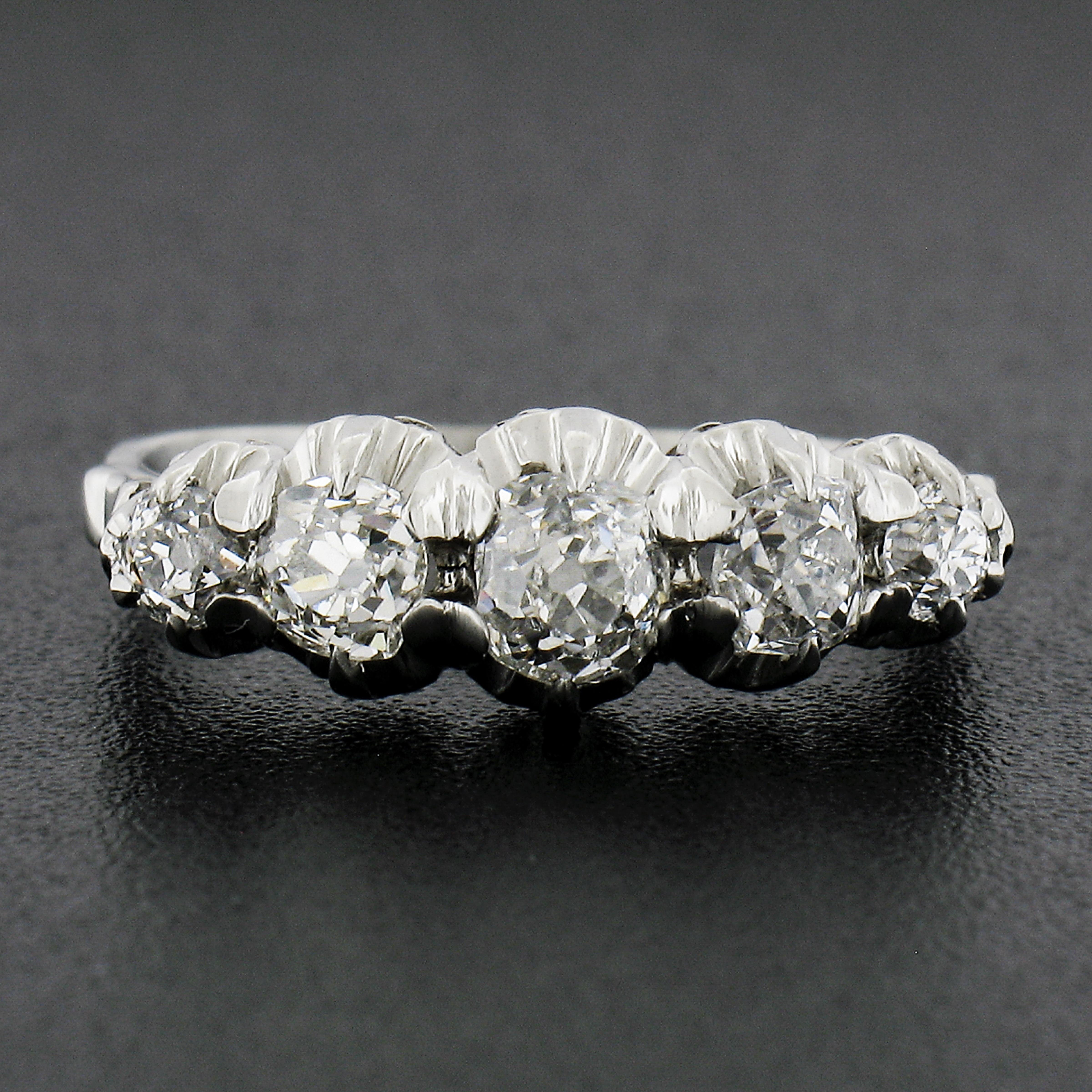 Old Mine Cut Antique Edwardian Platinum GIA Graded 1.15ct Diamond Stackable 5 Stone Band Ring For Sale