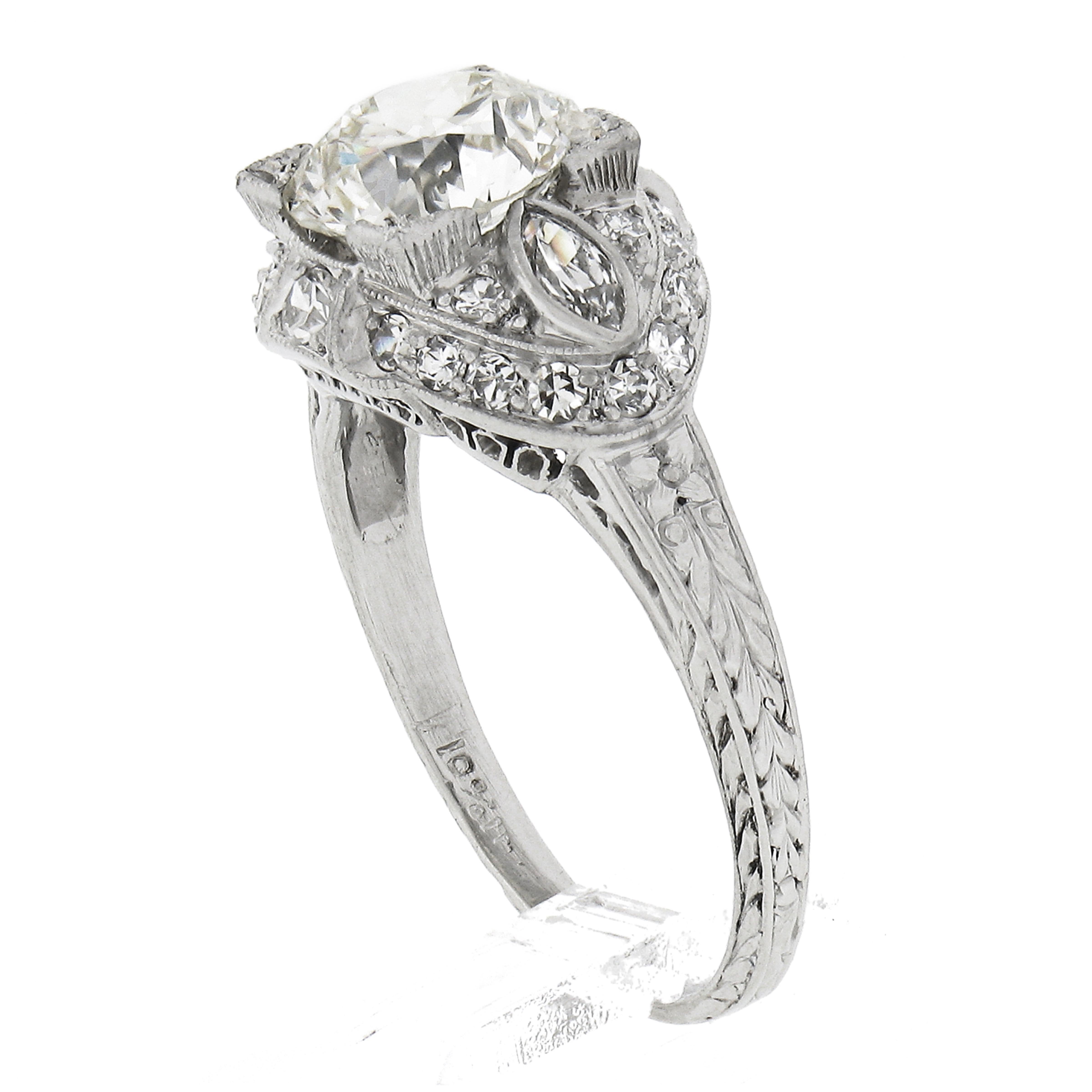 Antique Edwardian Platinum GIA Old Cut Diamond Milgrain Engraved Engagement Ring For Sale 5