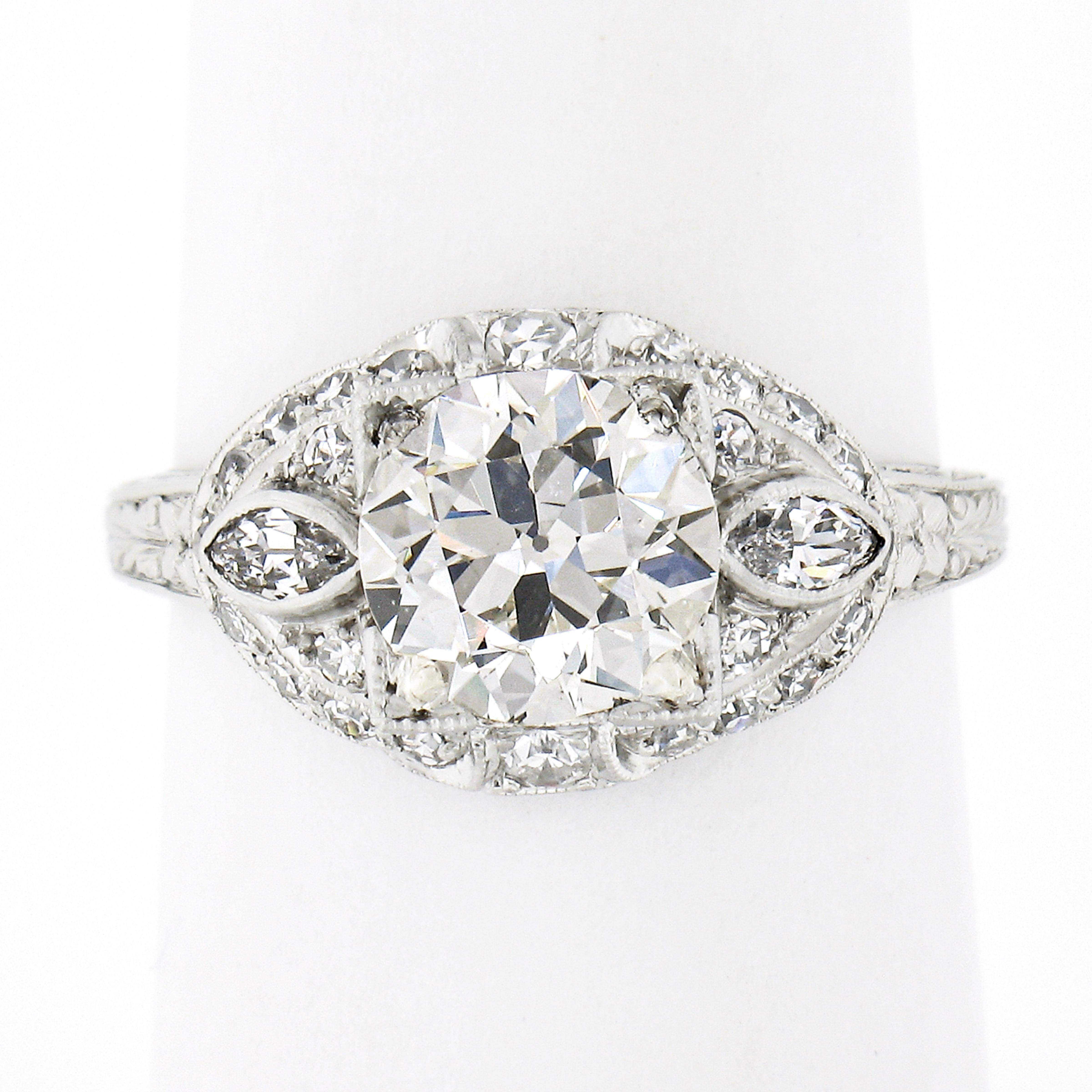 Round Cut Antique Edwardian Platinum GIA Old Cut Diamond Milgrain Engraved Engagement Ring For Sale