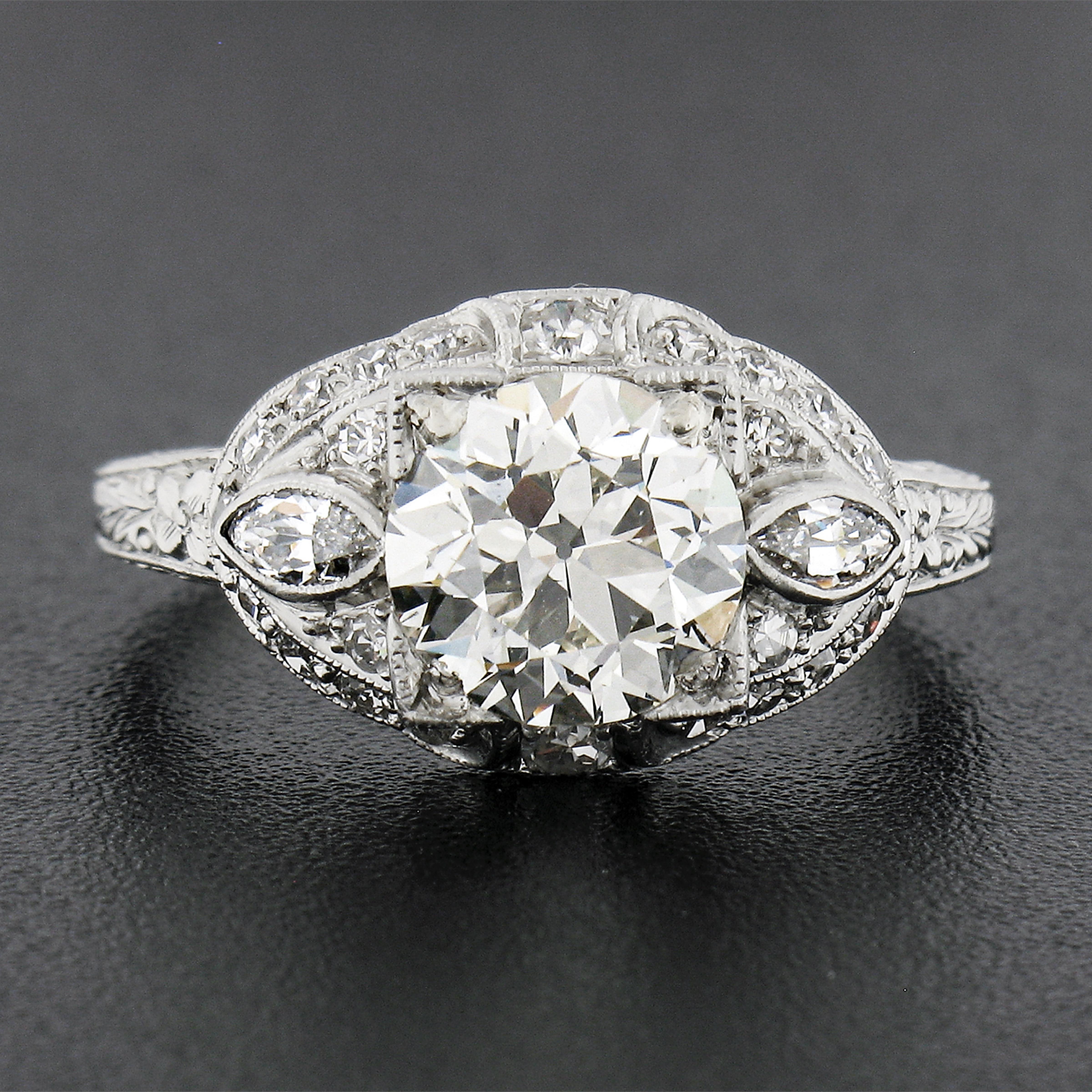 Antique Edwardian Platinum GIA Old Cut Diamond Milgrain Engraved Engagement Ring In Good Condition In Montclair, NJ