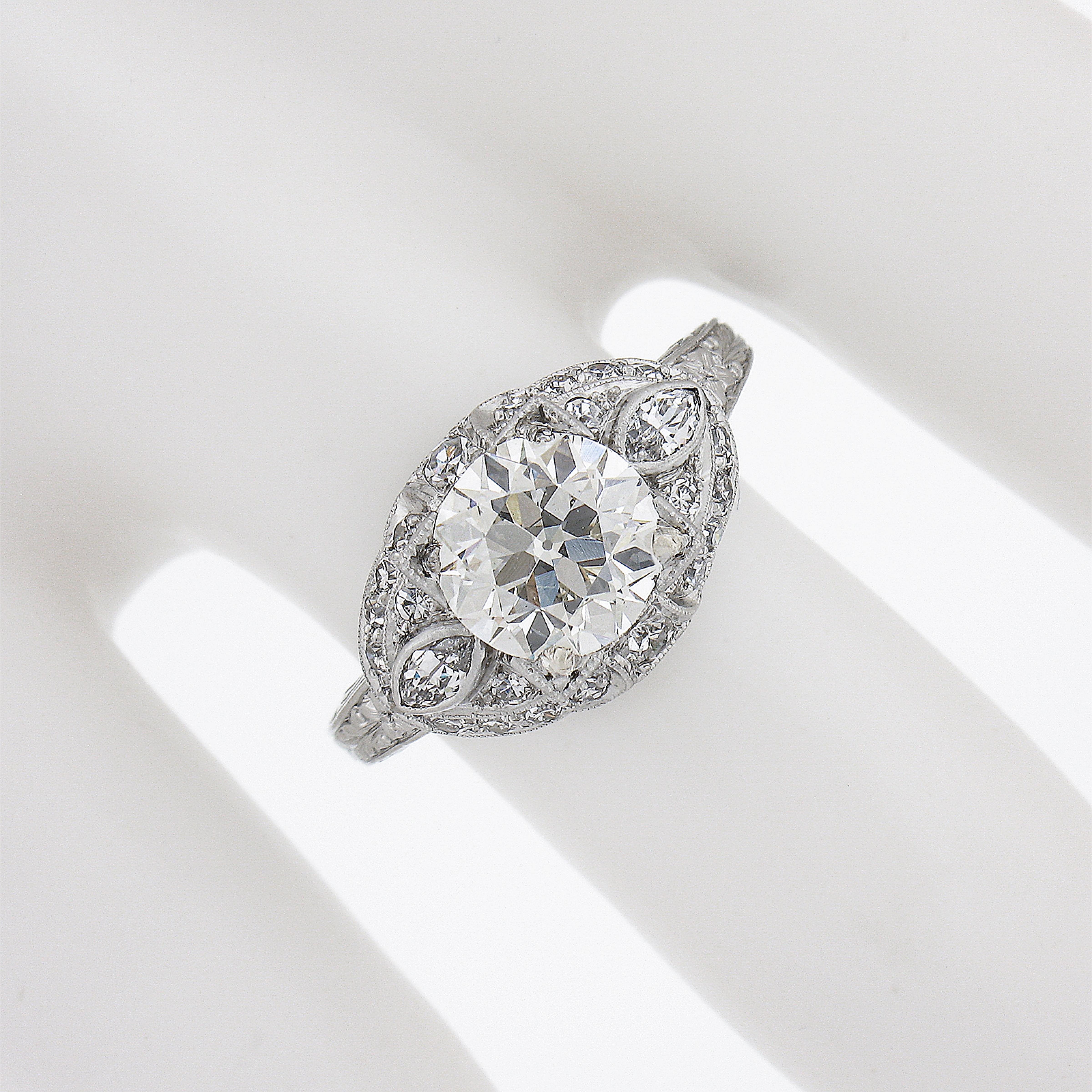 Women's Antique Edwardian Platinum GIA Old Cut Diamond Milgrain Engraved Engagement Ring For Sale