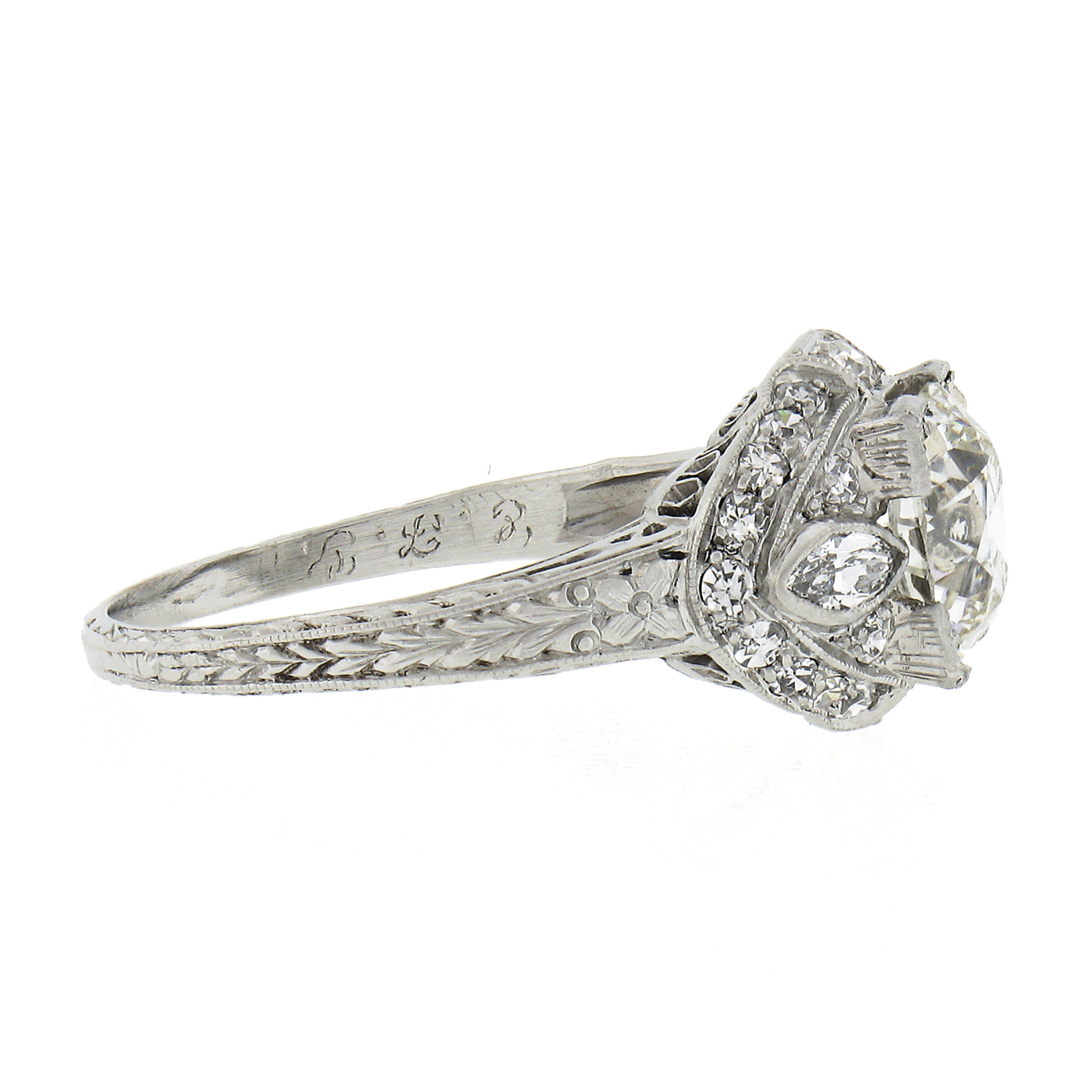 Antique Edwardian Platinum GIA Old Cut Diamond Milgrain Engraved Engagement Ring 1