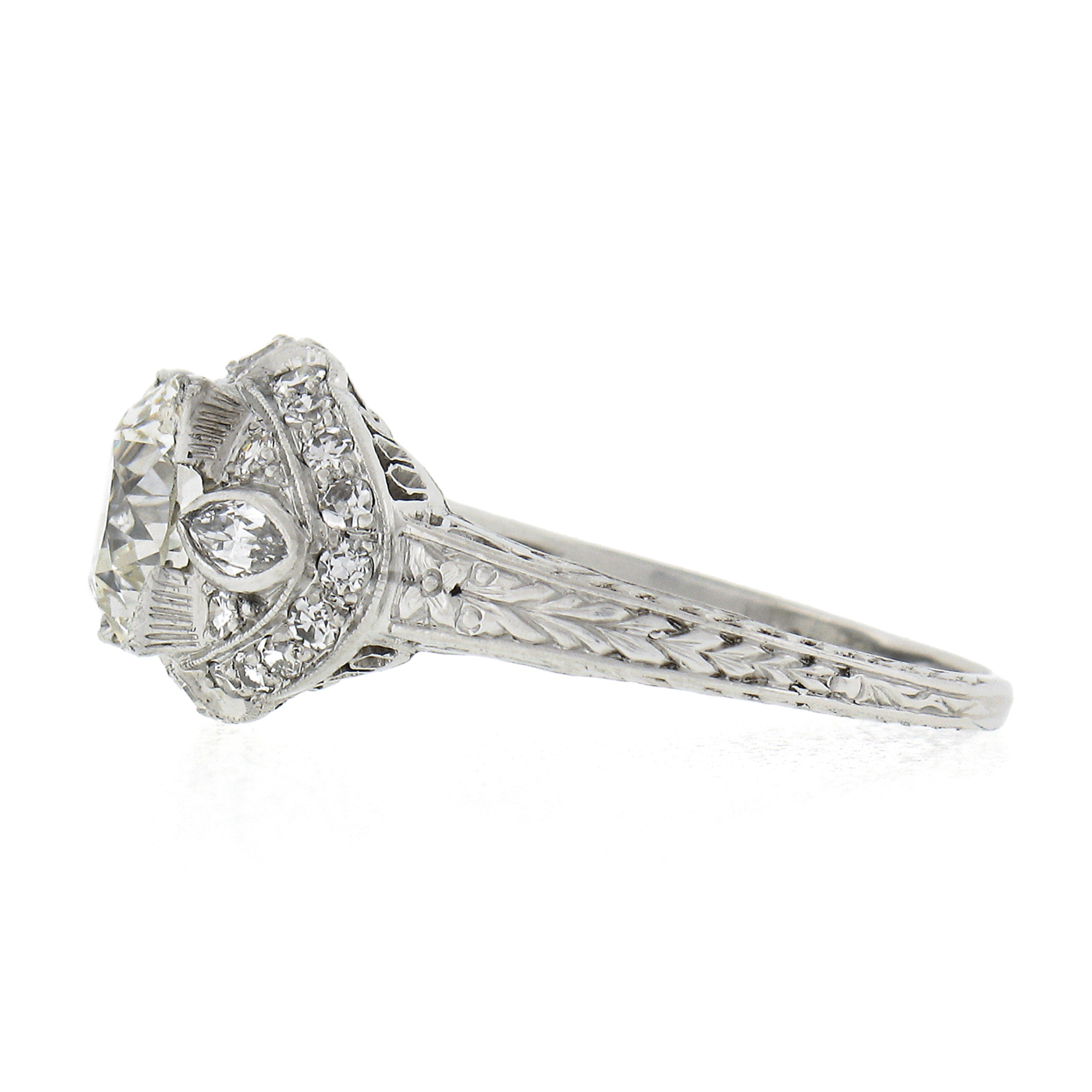 Antique Edwardian Platinum GIA Old Cut Diamond Milgrain Engraved Engagement Ring 2