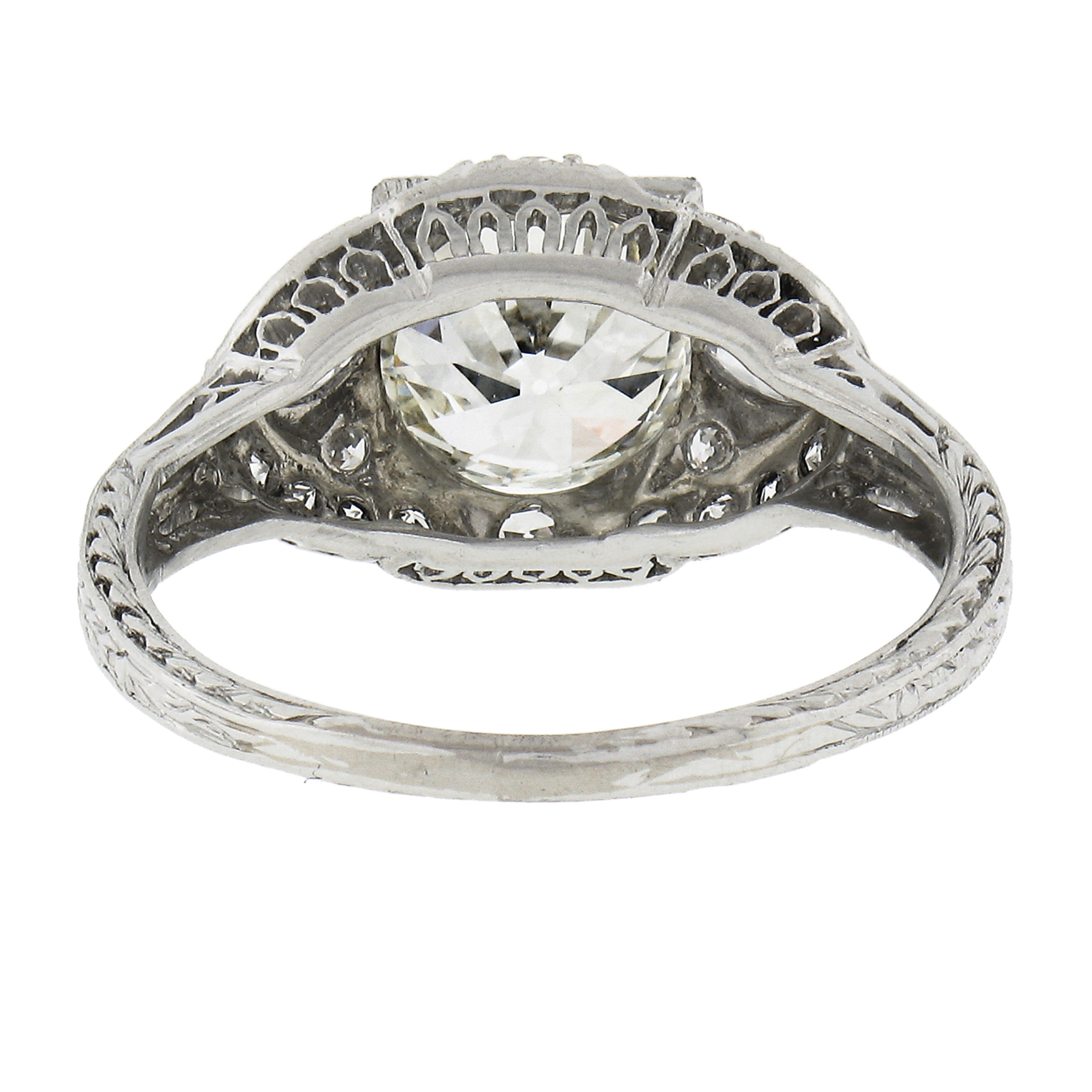 Antique Edwardian Platinum GIA Old Cut Diamond Milgrain Engraved Engagement Ring For Sale 3