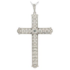 Antique Edwardian Platinum & Gold 1.05ctw Old Diamond Large Cross Handmade Chain