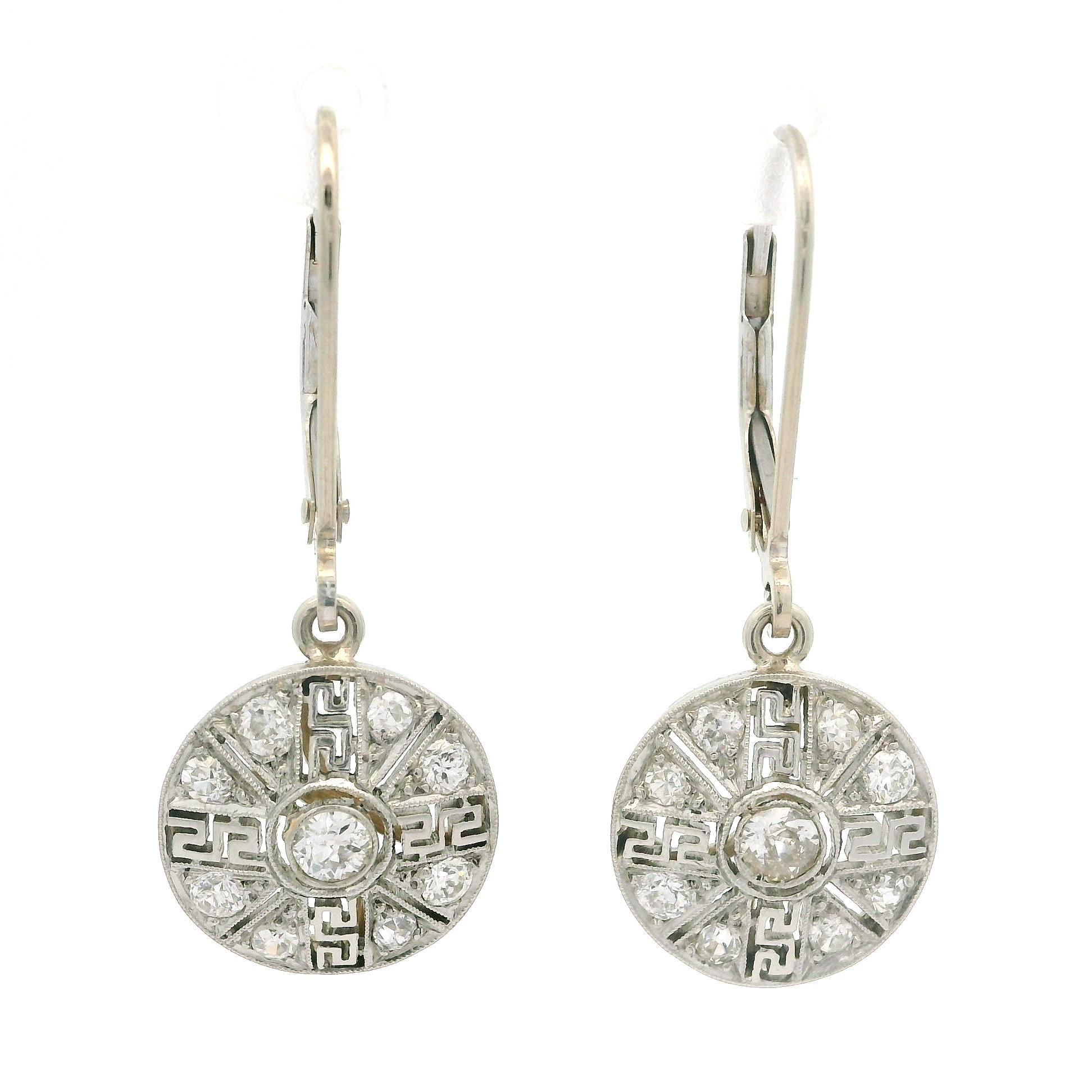 Antique Edwardian Platinum & Gold .40ct Diamond Greek Key Filigree Drop Earrings For Sale 5
