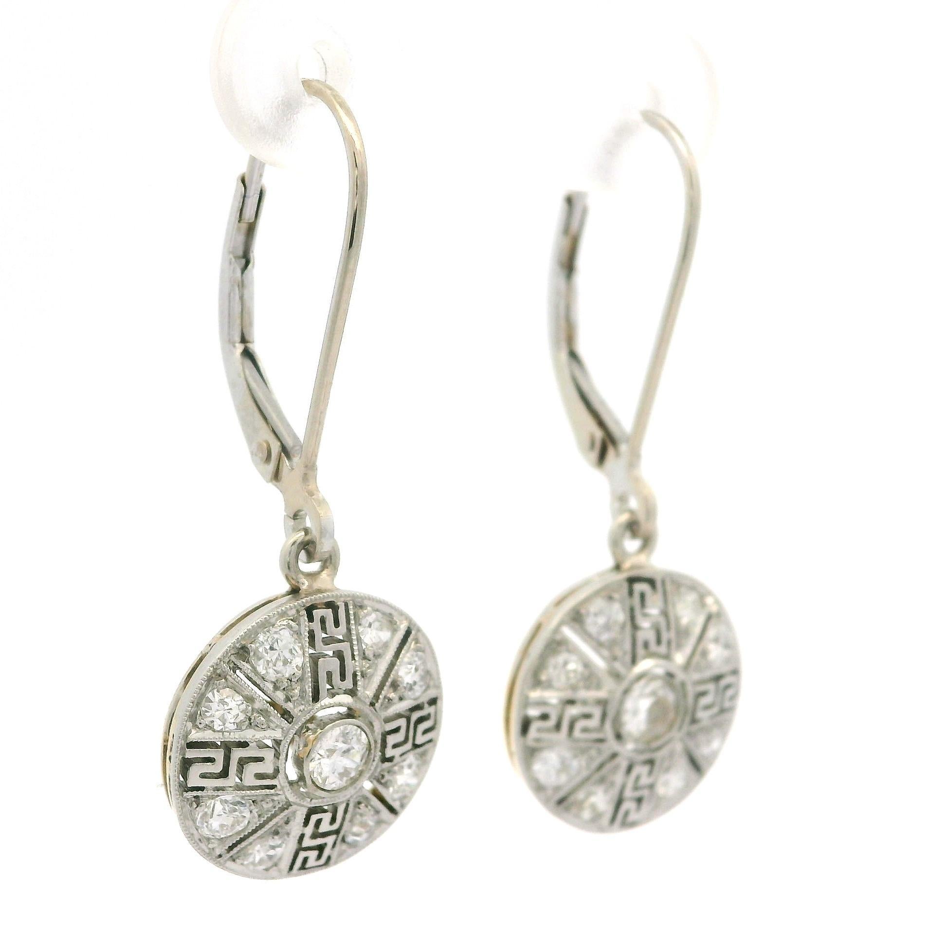 Antique Edwardian Platinum & Gold .40ct Diamond Greek Key Filigree Drop Earrings For Sale 6