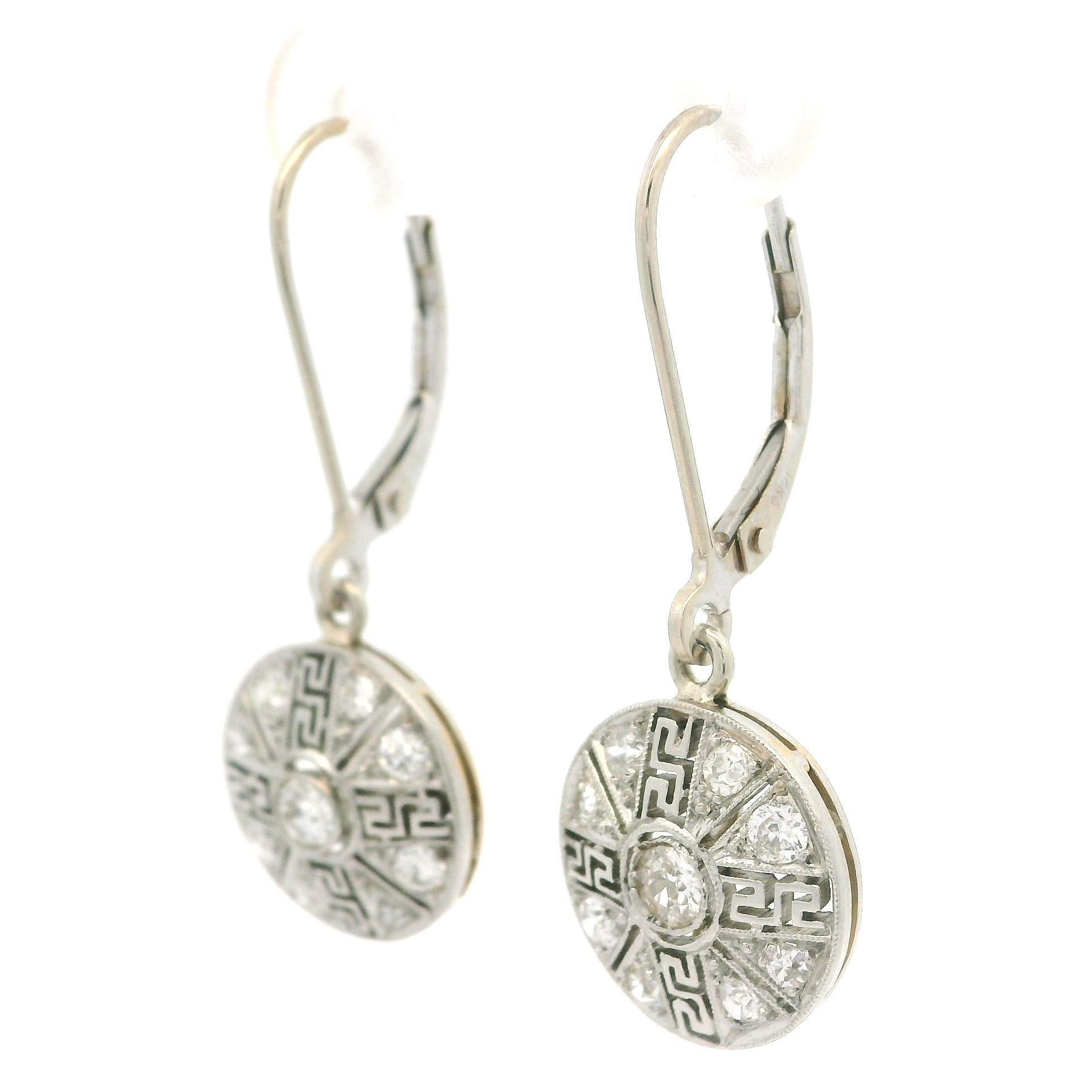 Antique Edwardian Platinum & Gold .40ct Diamond Greek Key Filigree Drop Earrings For Sale 7