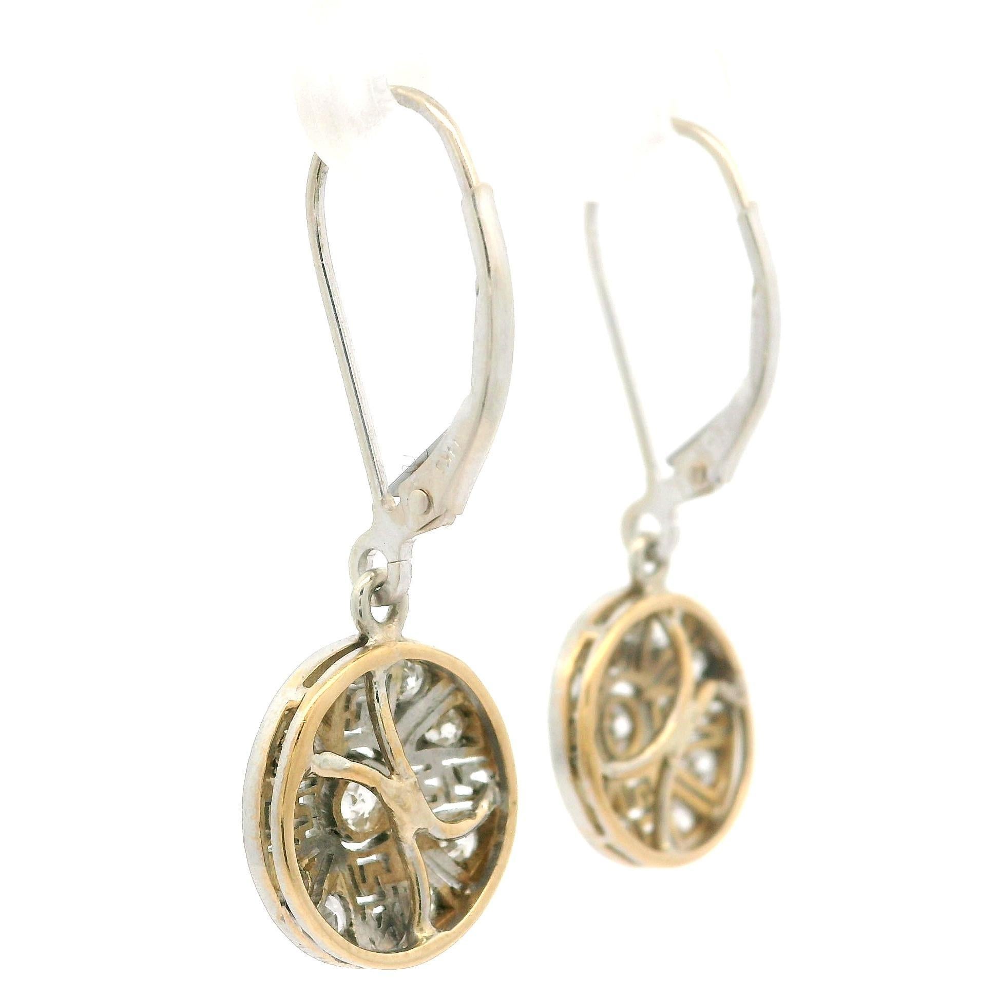 Antique Edwardian Platinum & Gold .40ct Diamond Greek Key Filigree Drop Earrings For Sale 8
