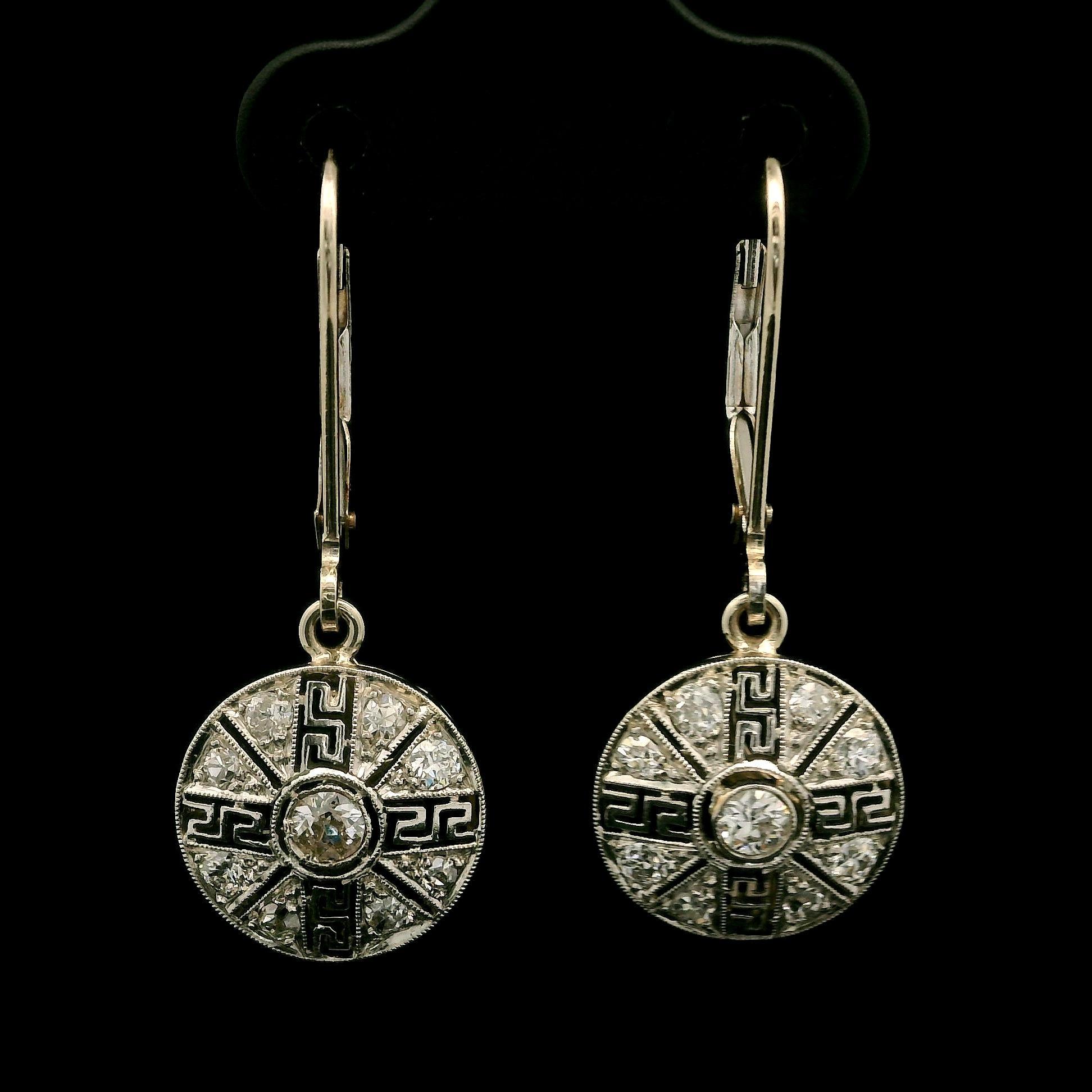 Old European Cut Antique Edwardian Platinum & Gold .40ct Diamond Greek Key Filigree Drop Earrings For Sale