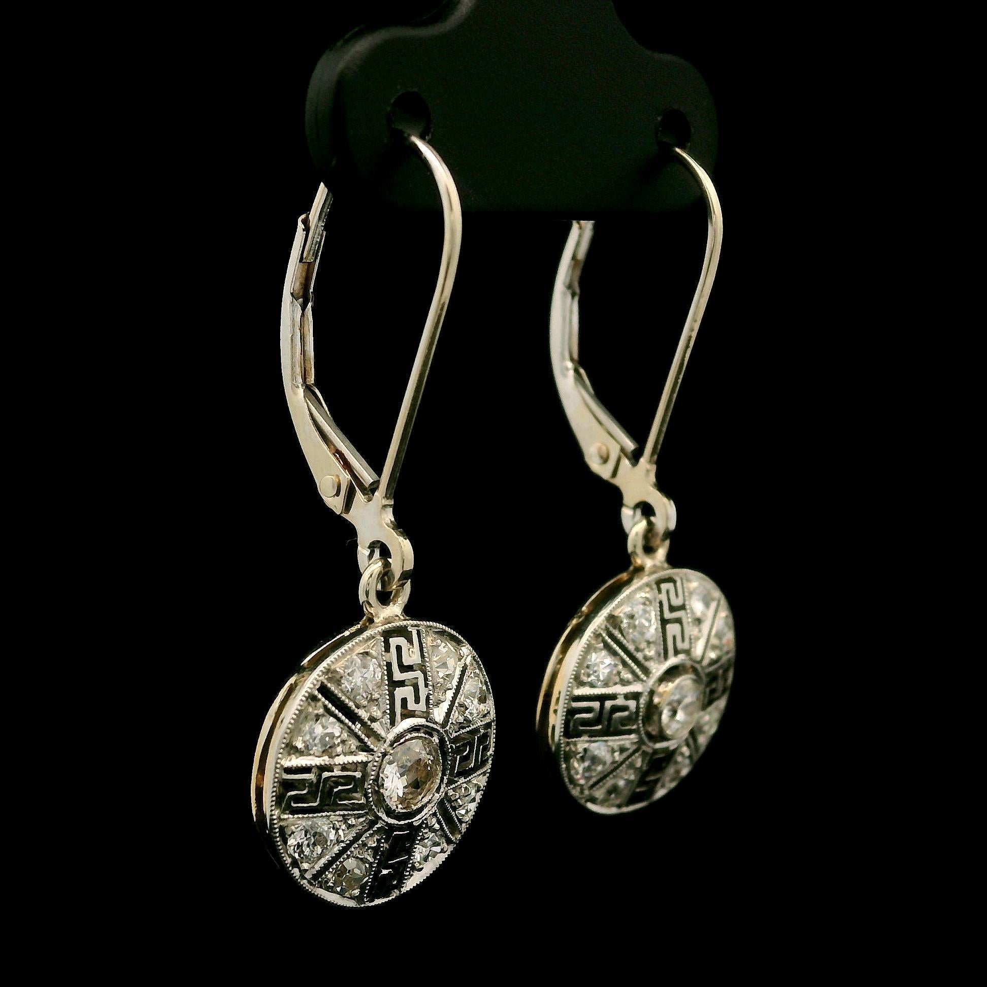 Antique Edwardian Platinum & Gold .40ct Diamond Greek Key Filigree Drop Earrings In Good Condition For Sale In Montclair, NJ