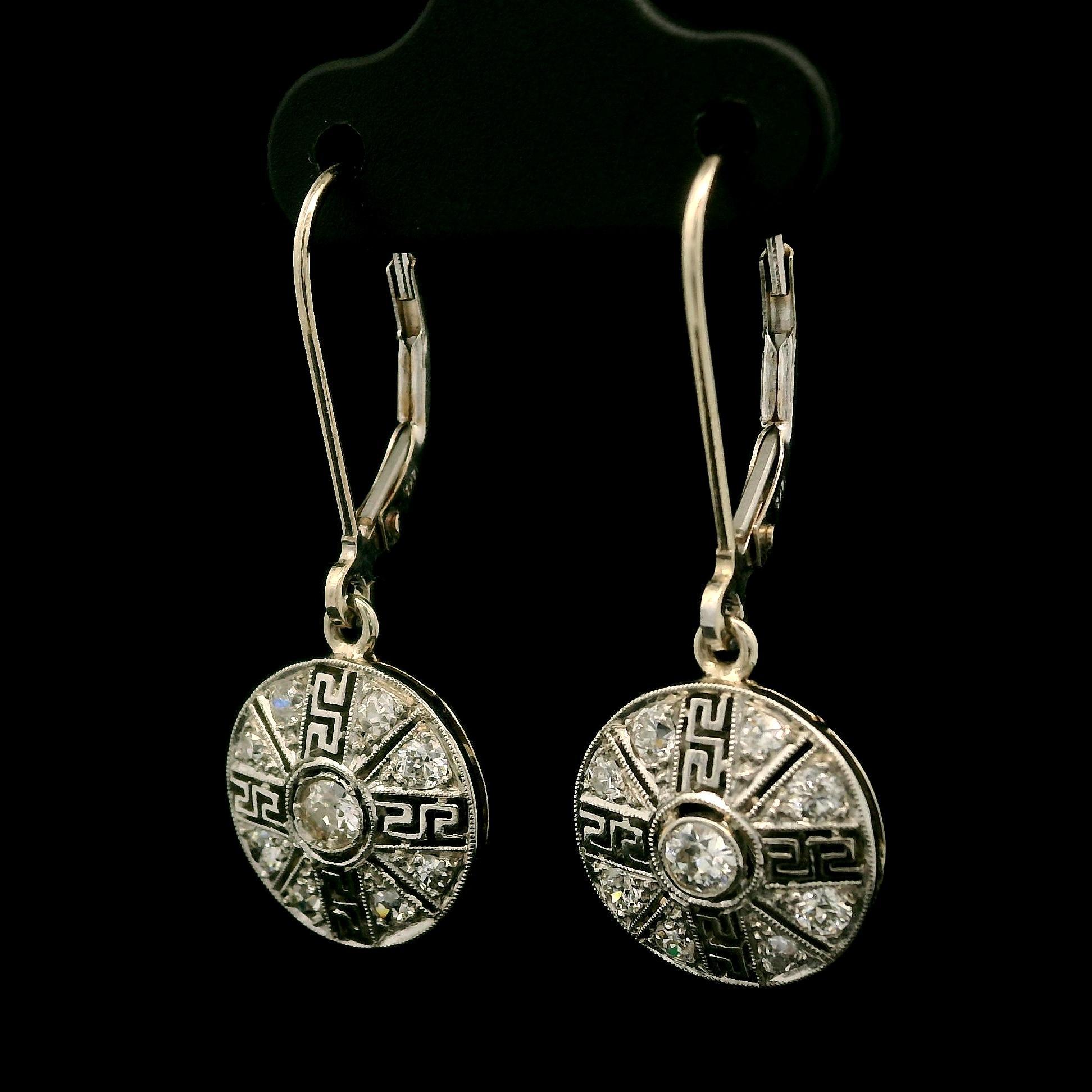 Women's Antique Edwardian Platinum & Gold .40ct Diamond Greek Key Filigree Drop Earrings For Sale