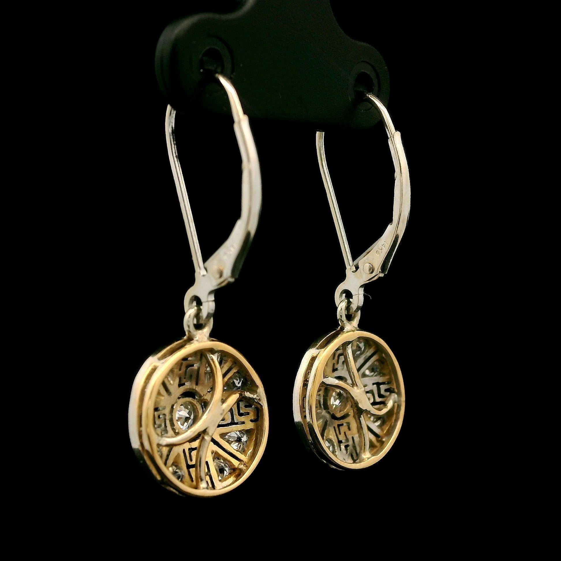 Antique Edwardian Platinum & Gold .40ct Diamond Greek Key Filigree Drop Earrings For Sale 1