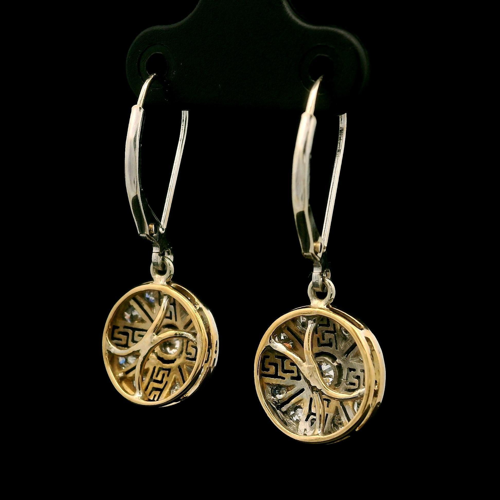 Antique Edwardian Platinum & Gold .40ct Diamond Greek Key Filigree Drop Earrings For Sale 2