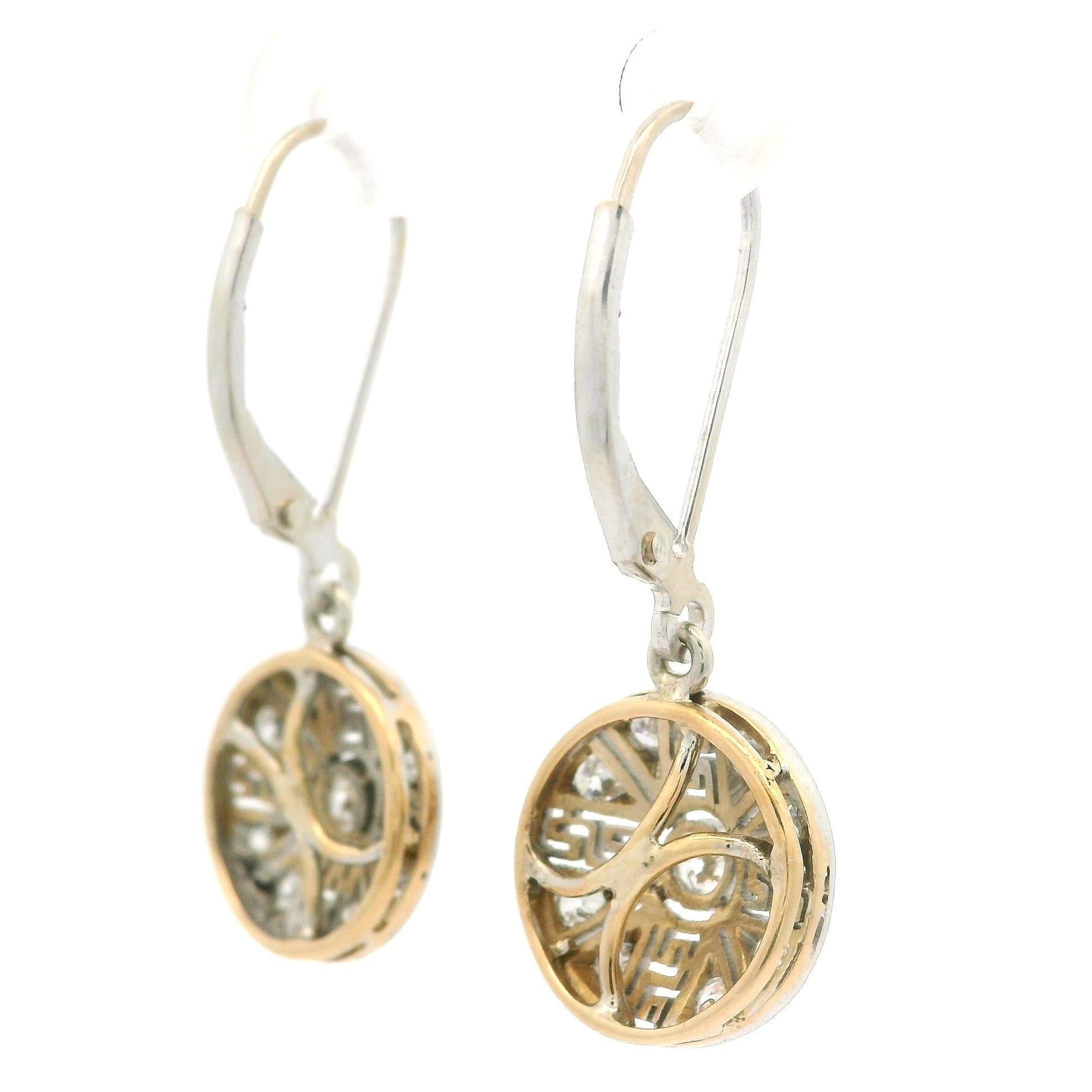 Antique Edwardian Platinum & Gold .40ct Diamond Greek Key Filigree Drop Earrings For Sale 3