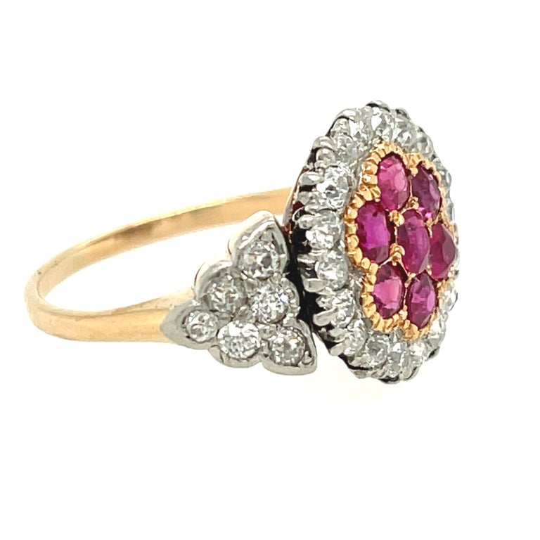 Old European Cut Antique Edwardian Platinum Gold Ruby Diamond Cluster Ring For Sale