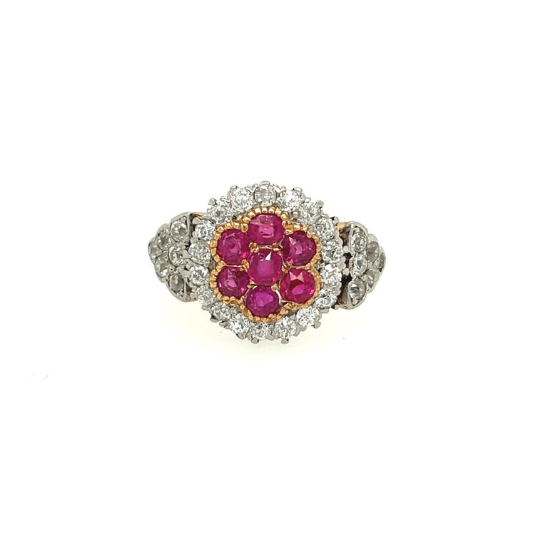 Antique Edwardian Platinum Gold Ruby Diamond Cluster Ring In Good Condition For Sale In New York, NY