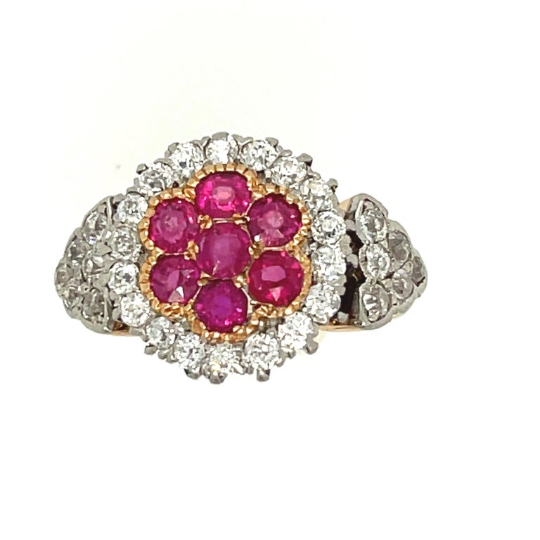 Women's or Men's Antique Edwardian Platinum Gold Ruby Diamond Cluster Ring For Sale