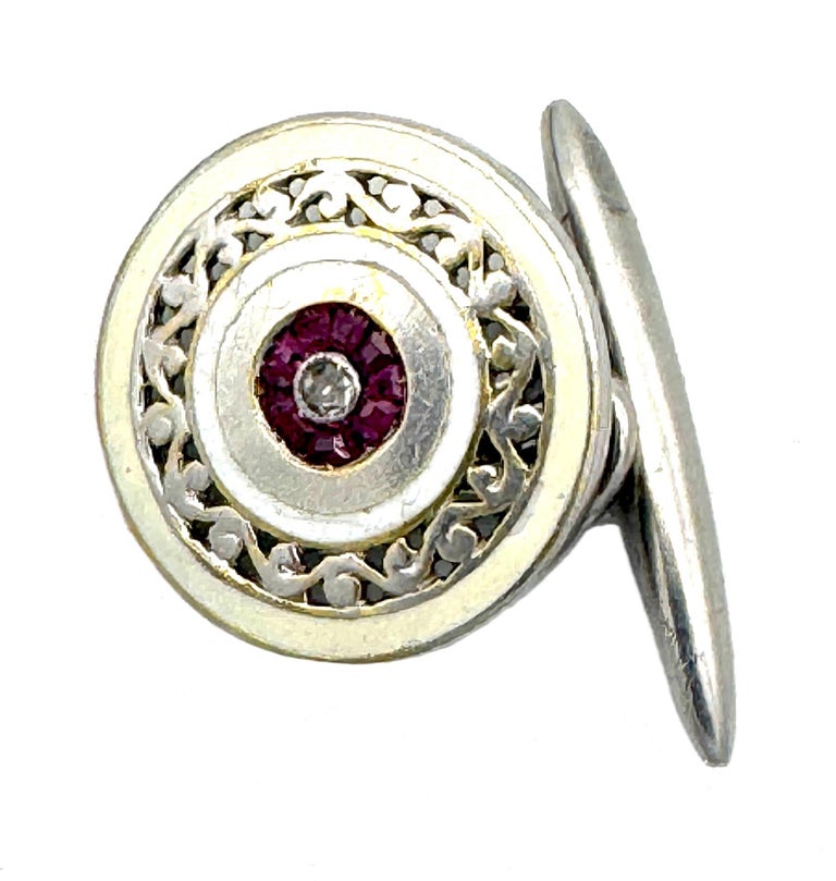 Boutons De Manchette Anciens Édouardiens En Or 14k Et Platine - Diamants, émail Guilloché - Vintage Art Déco, Occasion