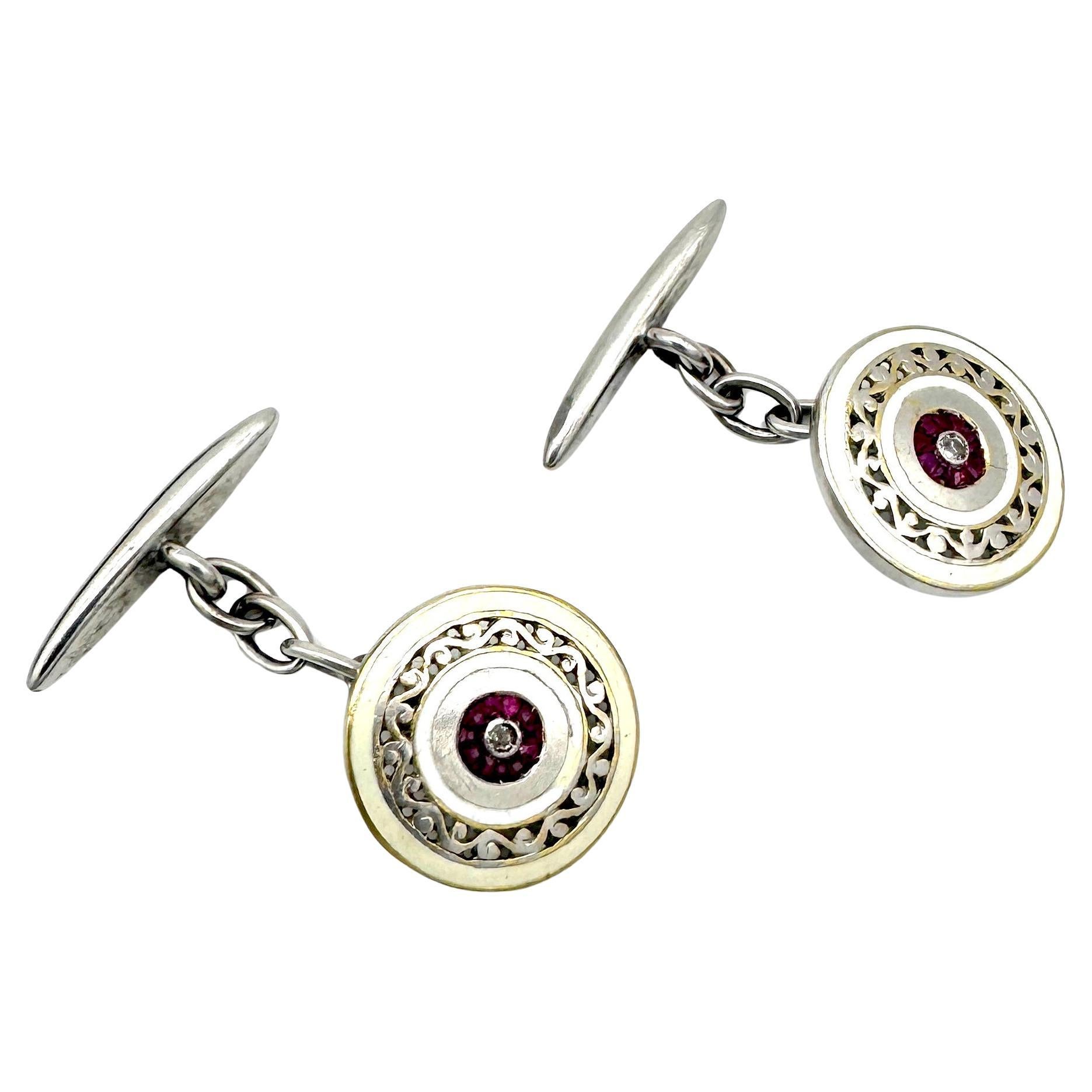 Antike Edwardian Platin Gold Rubin Diamant Emaille Manschettenknöpfe im Angebot