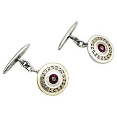 Antique Edwardian Platinum Gold Ruby Diamond Enamel Cufflinks