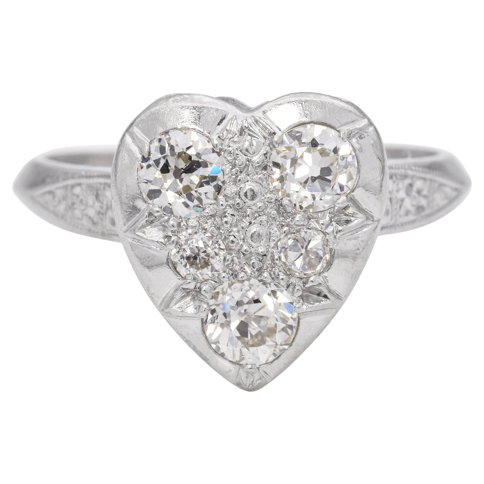 Antique Edwardian Platinum Heart Shaped Old European Cut Diamond Ring