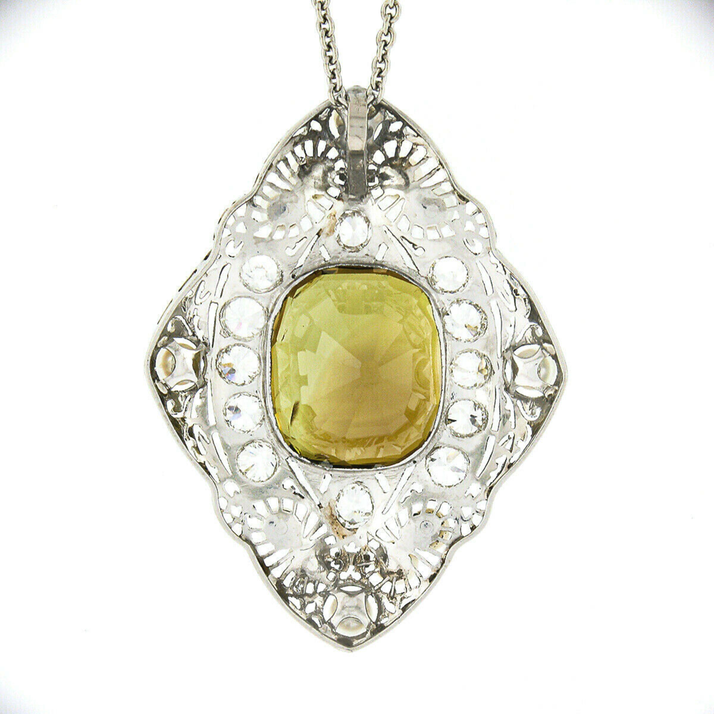 Women's Antique Edwardian Platinum Large GIA Chrysoberyl Diamond Pearl Filigree Pendant For Sale