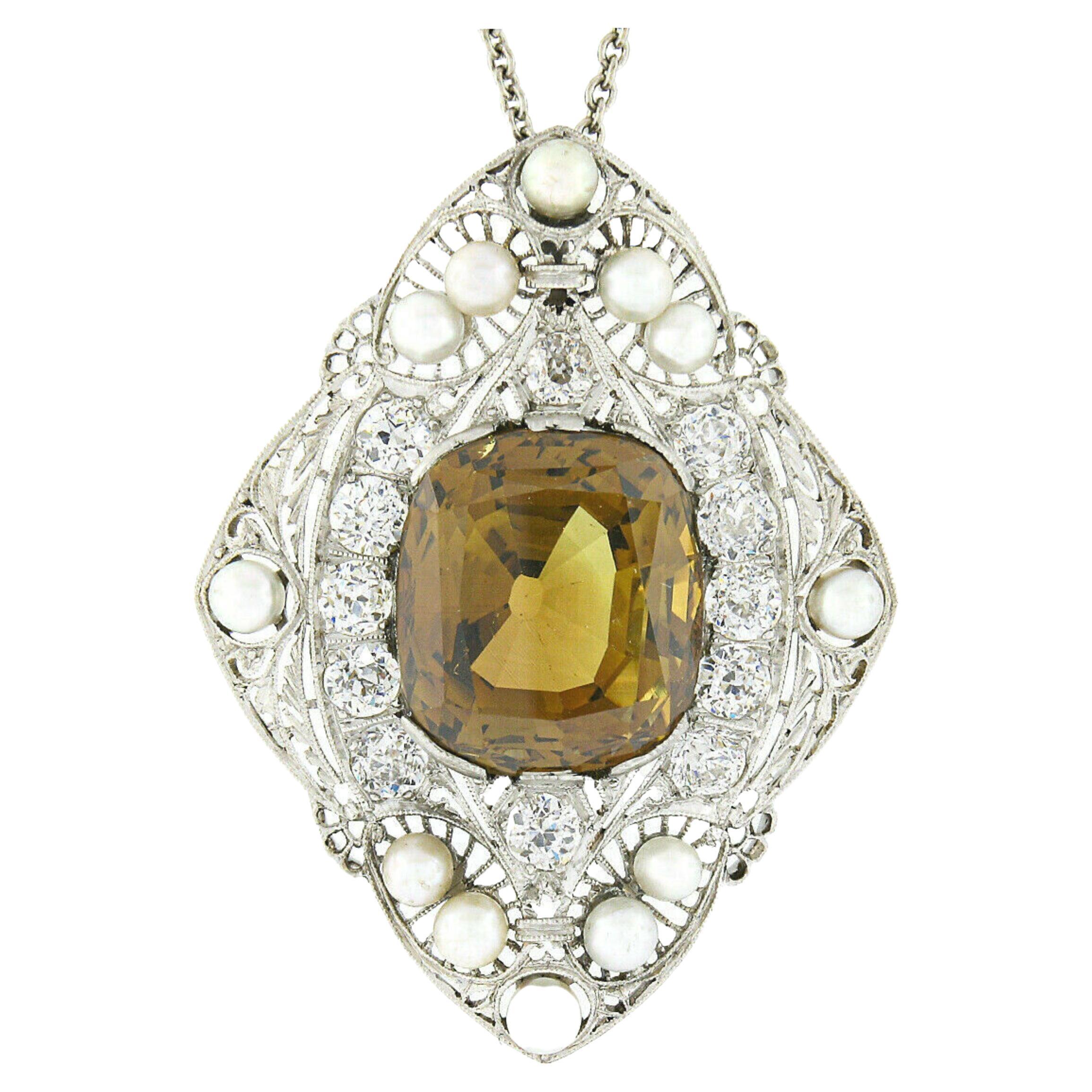 Antique Edwardian Platinum Large GIA Chrysoberyl Diamond Pearl Filigree Pendant