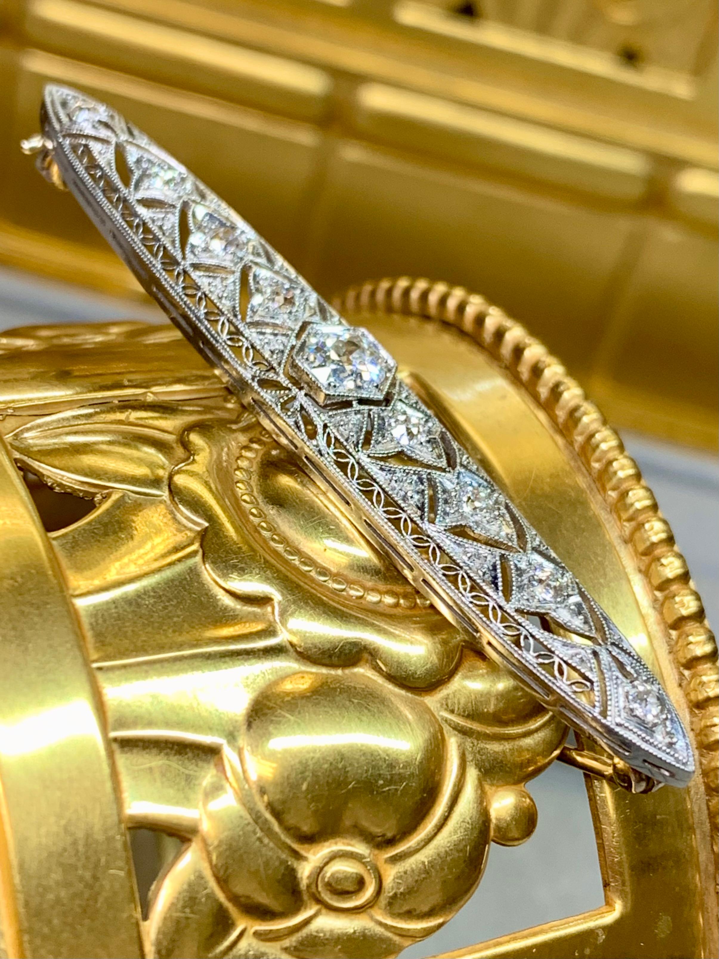 Antike Edwardian Platin Marquise Alte Mine Cut Diamant Brosche im Zustand „Gut“ im Angebot in Winter Springs, FL