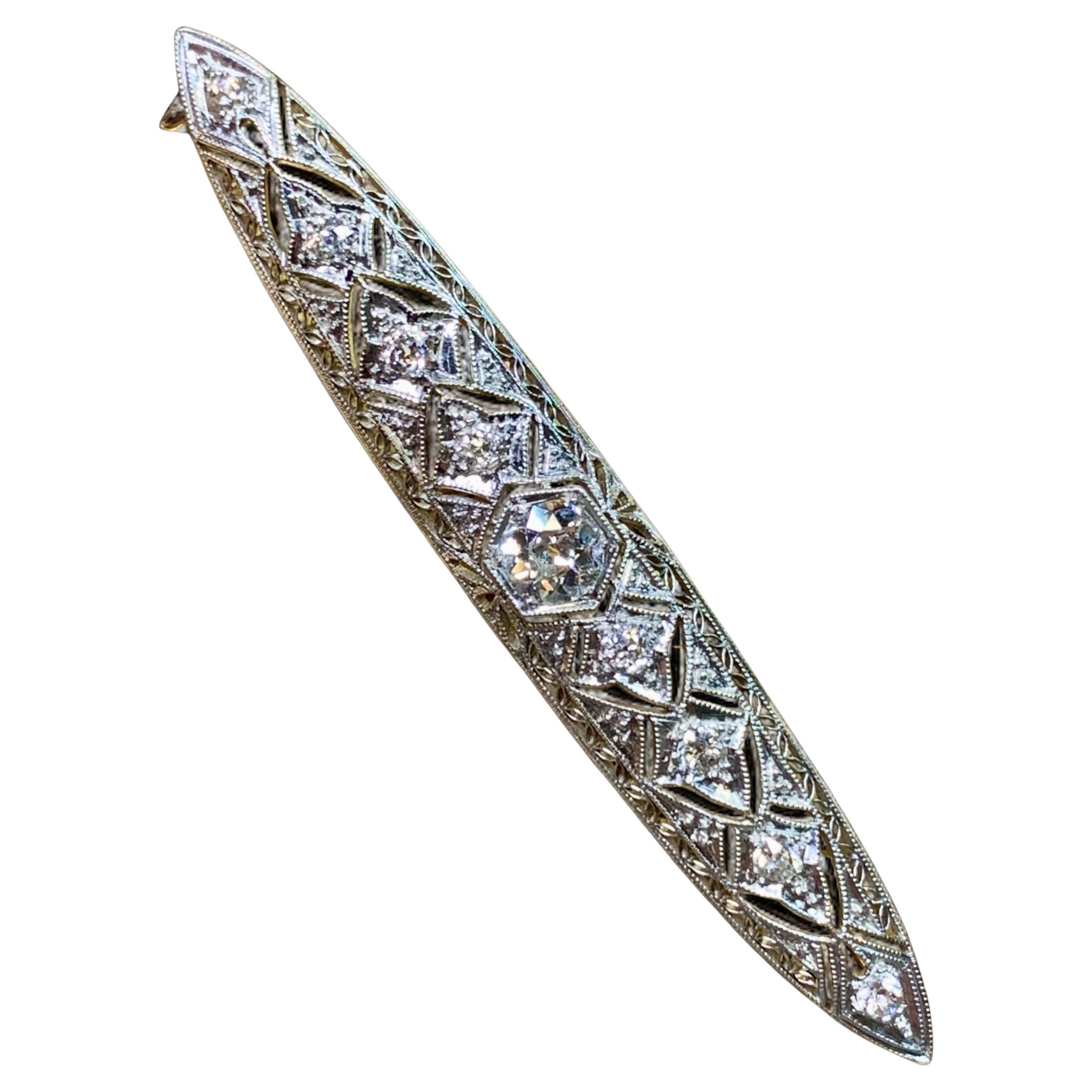Antique Edwardian Platinum Marquise Old Mine Cut Diamond Brooch