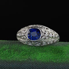 Antique Edwardian Platinum Natural Old Mine Sapphire and Diamond Engagement Ring