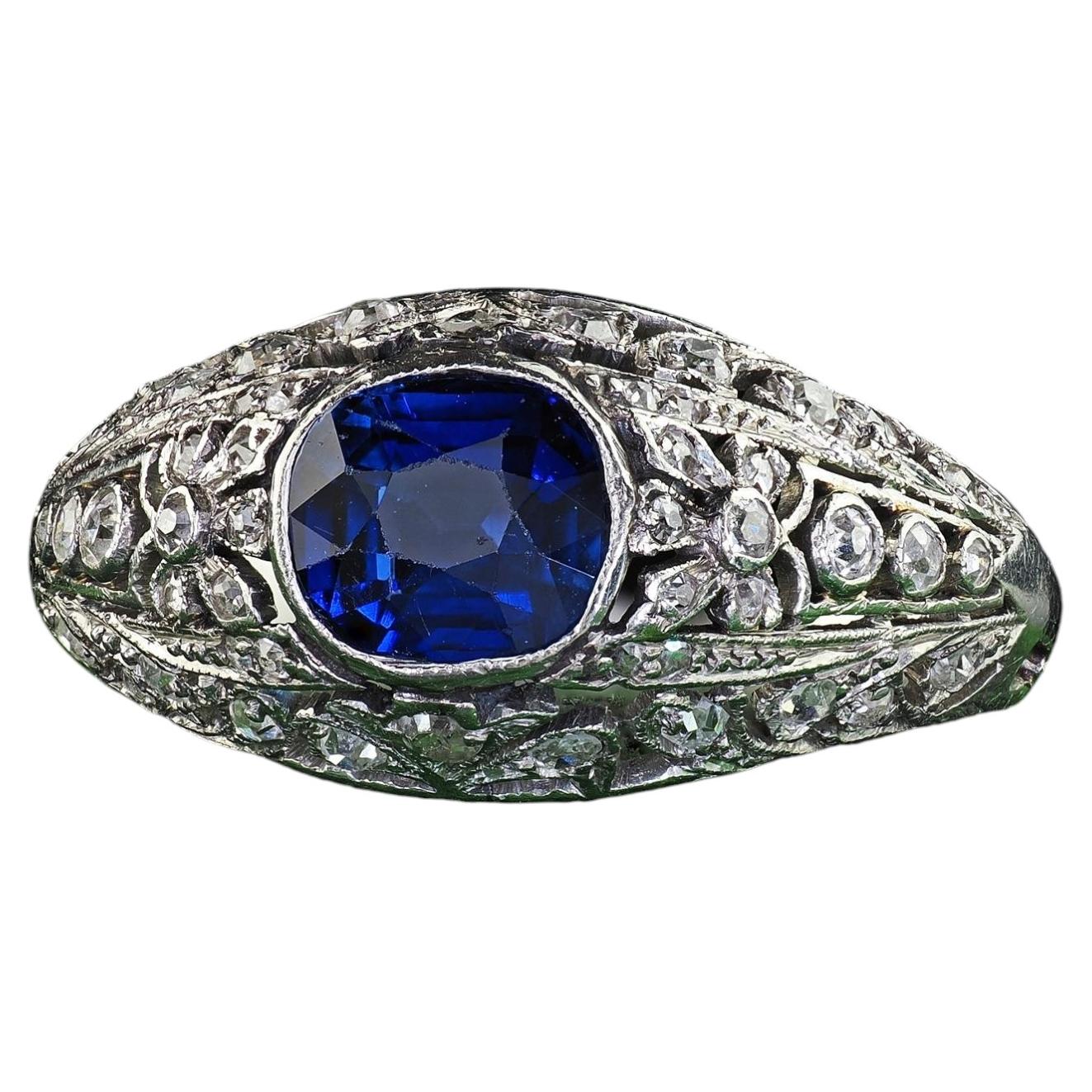 Antique Edwardian Platinum Natural Old Mine Sapphire and Diamond Engagement Ring For Sale
