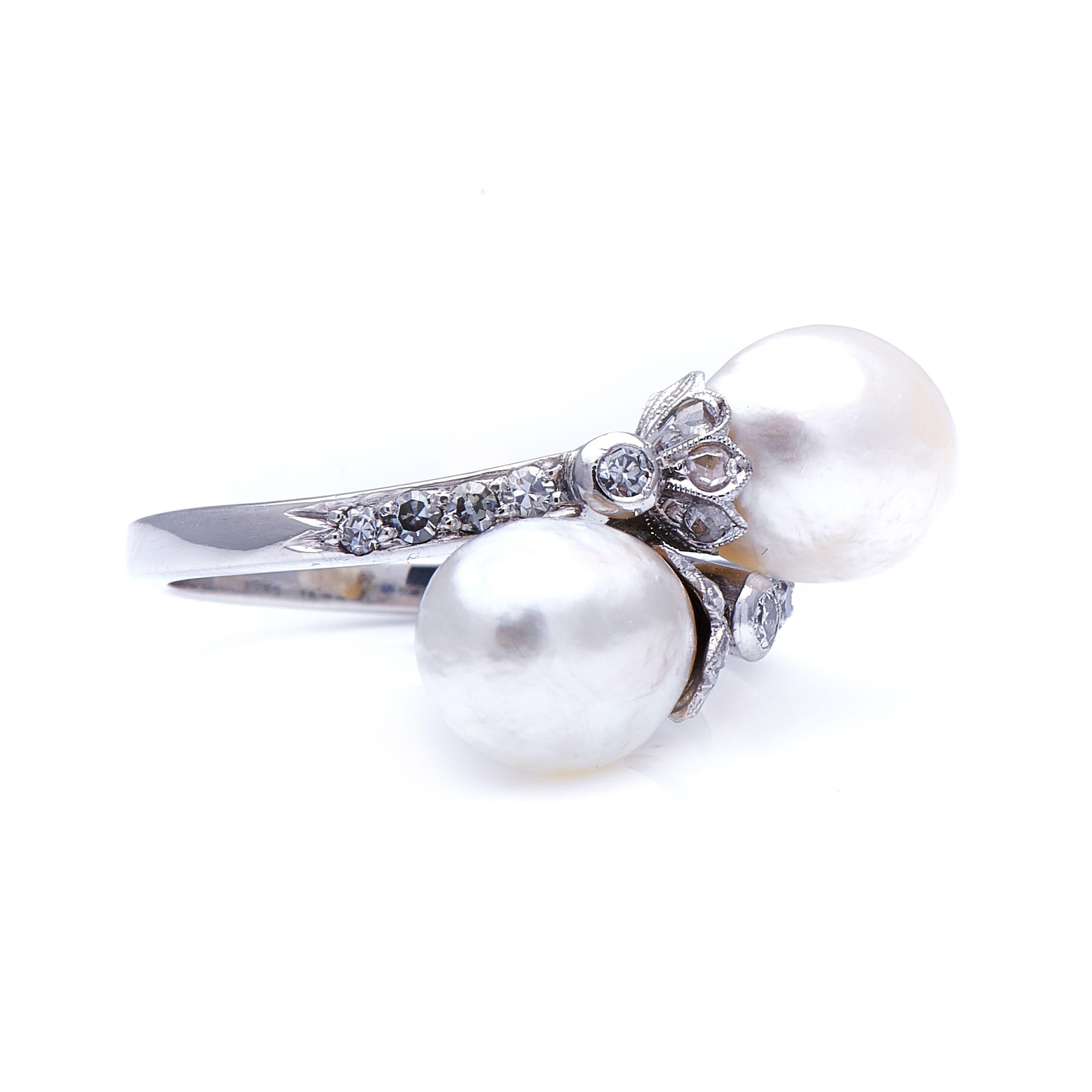 Natural pearl and diamond ring, circa 1910. Natural pearls are very rare, and finding each one is down to pure luck. Finding one of good lustre, of substantial size and regular shape is even rarer, and finding a pair can take years of searching. The