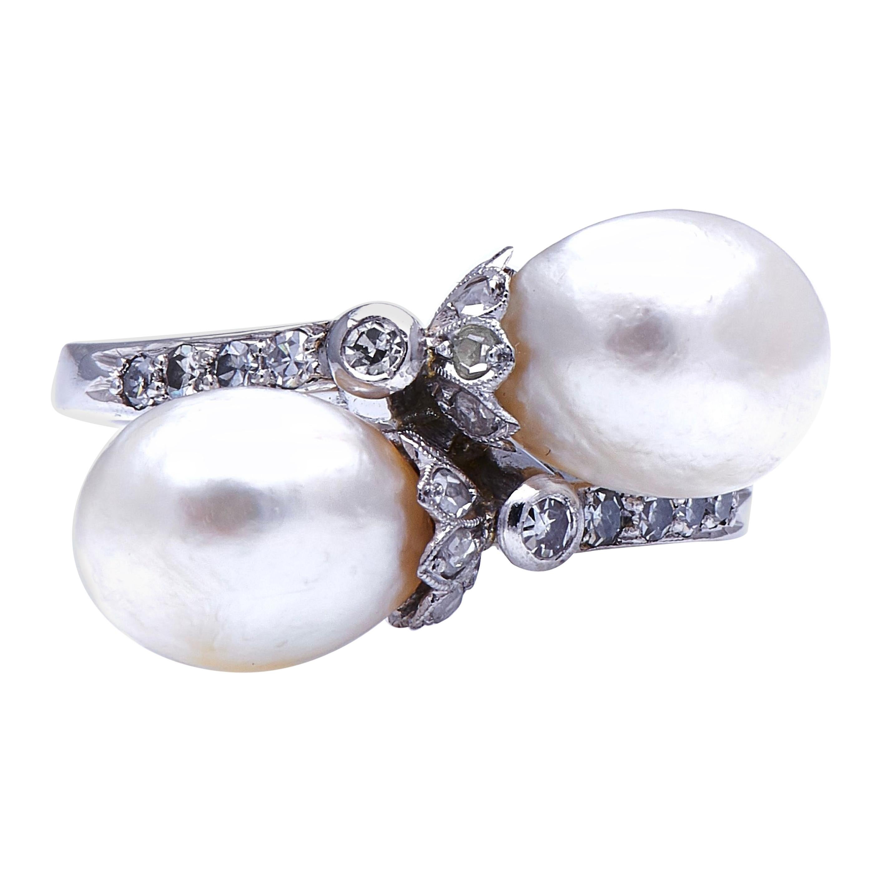 Antique, Edwardian, Platinum, Natural Pearl and Diamond Ring For Sale