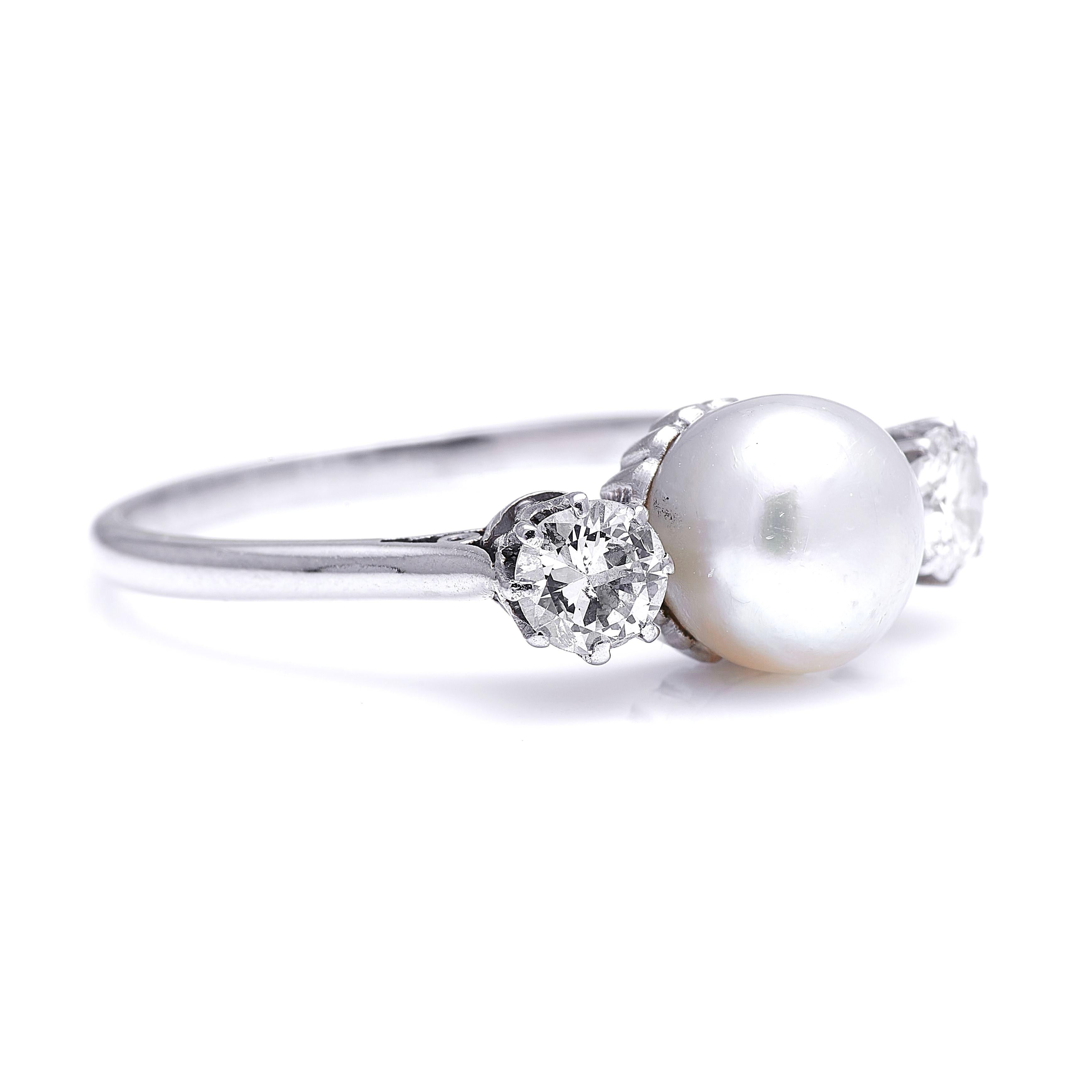 Natural pearl and diamond ring, 1900. The pearl in this ring is a rare natural saltwater pearl, of exceptional quality – a regular shape, with a beautiful, even surface with a bright, colourful lustre. Natural pearls by their very nature cannot be