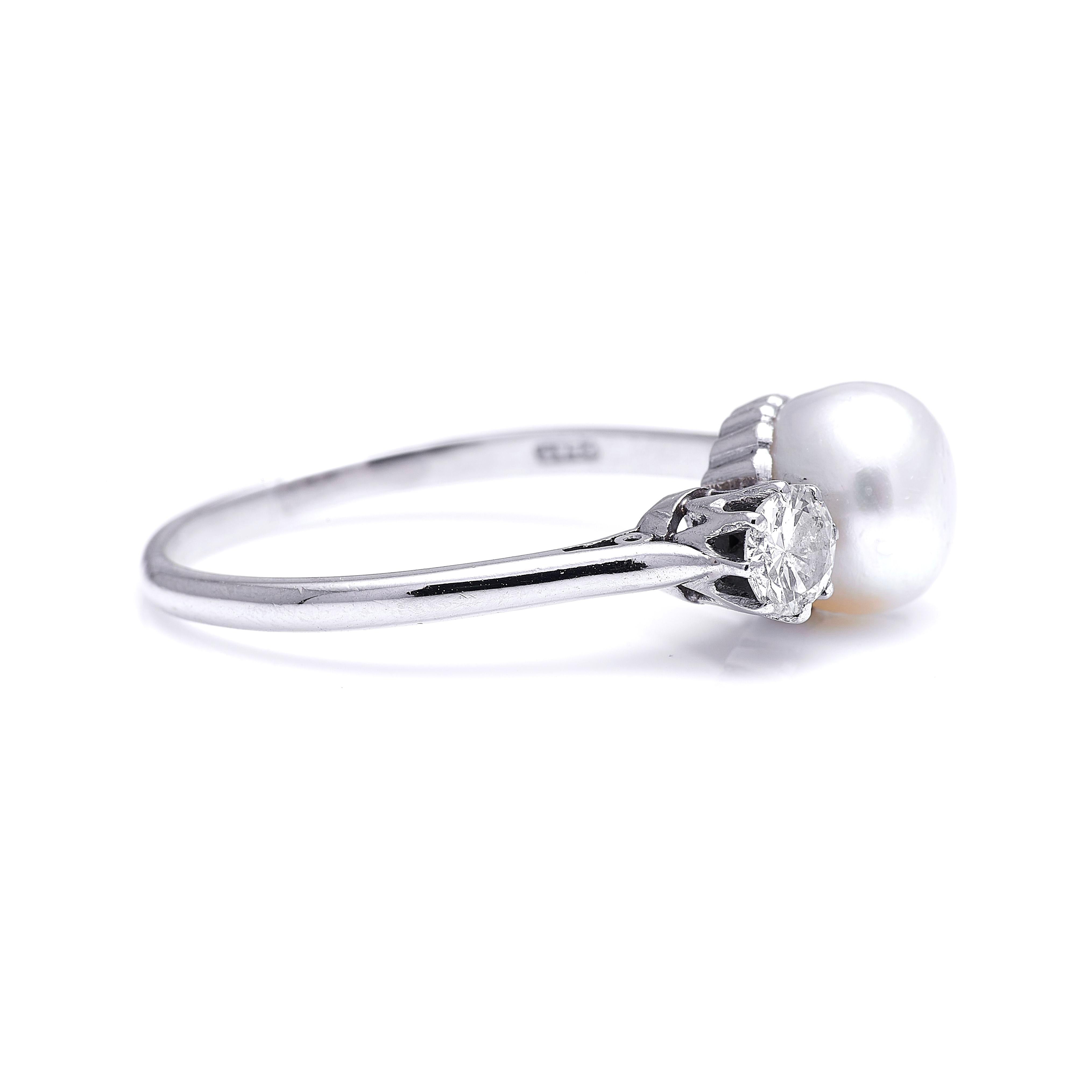 Old European Cut Antique, Edwardian, Platinum, Natural Pearl and Diamond Three-Stone Ring For Sale