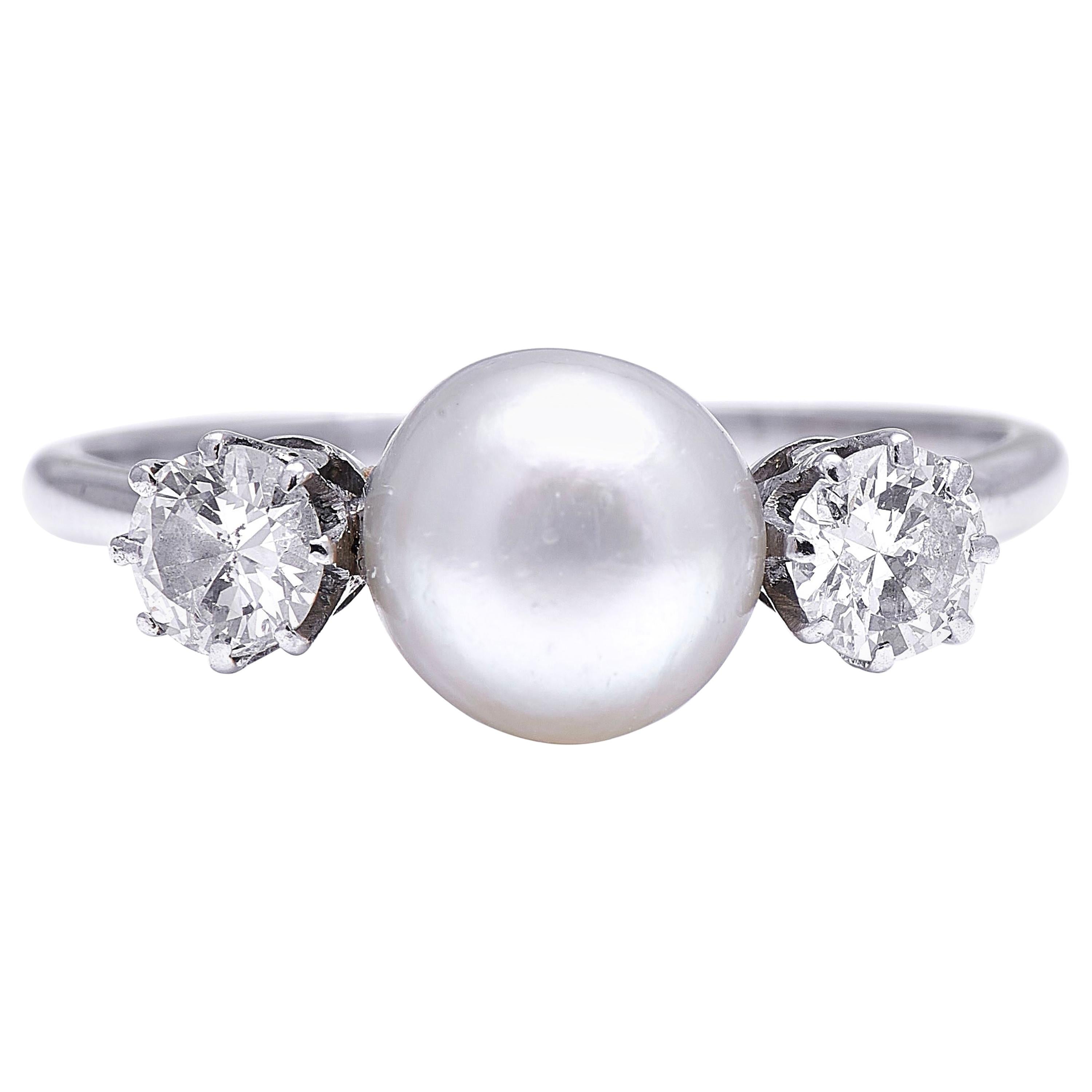 Antique, Edwardian, Platinum, Natural Pearl and Diamond Three-Stone Ring For Sale