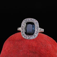 Antique Edwardian Platinum Natural Sapphire and Rose Cut Diamond Engagement Ring