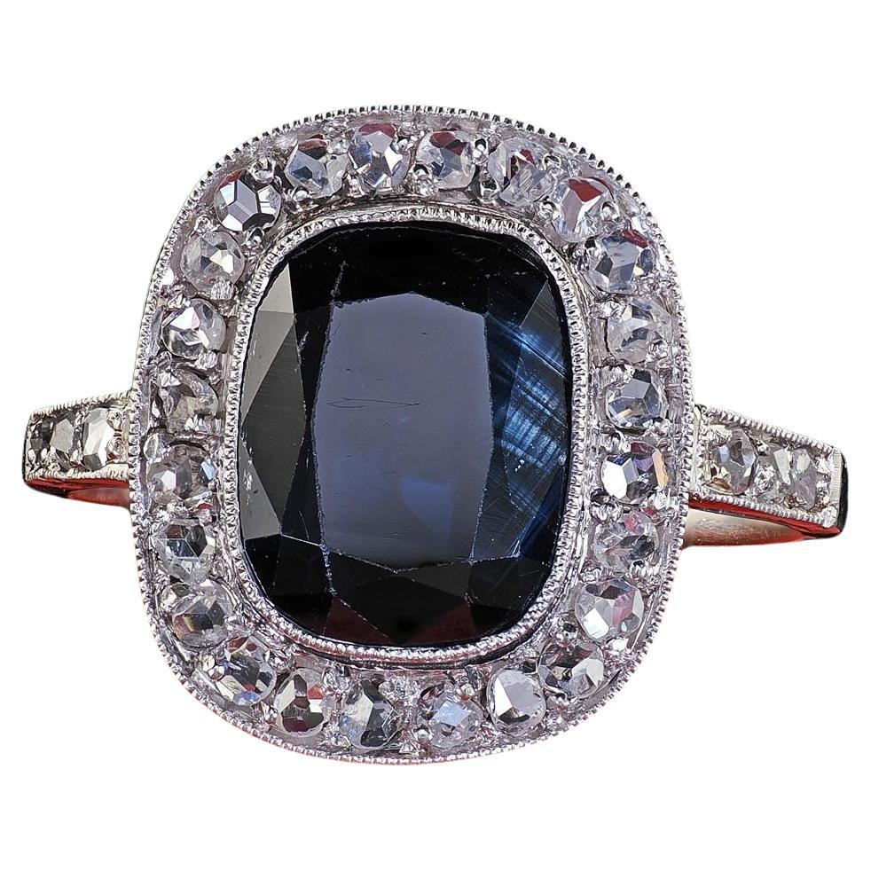 Bague de fiançailles ancienne de style édouardien en platine avec saphir naturel et diamant taillé en rose en vente