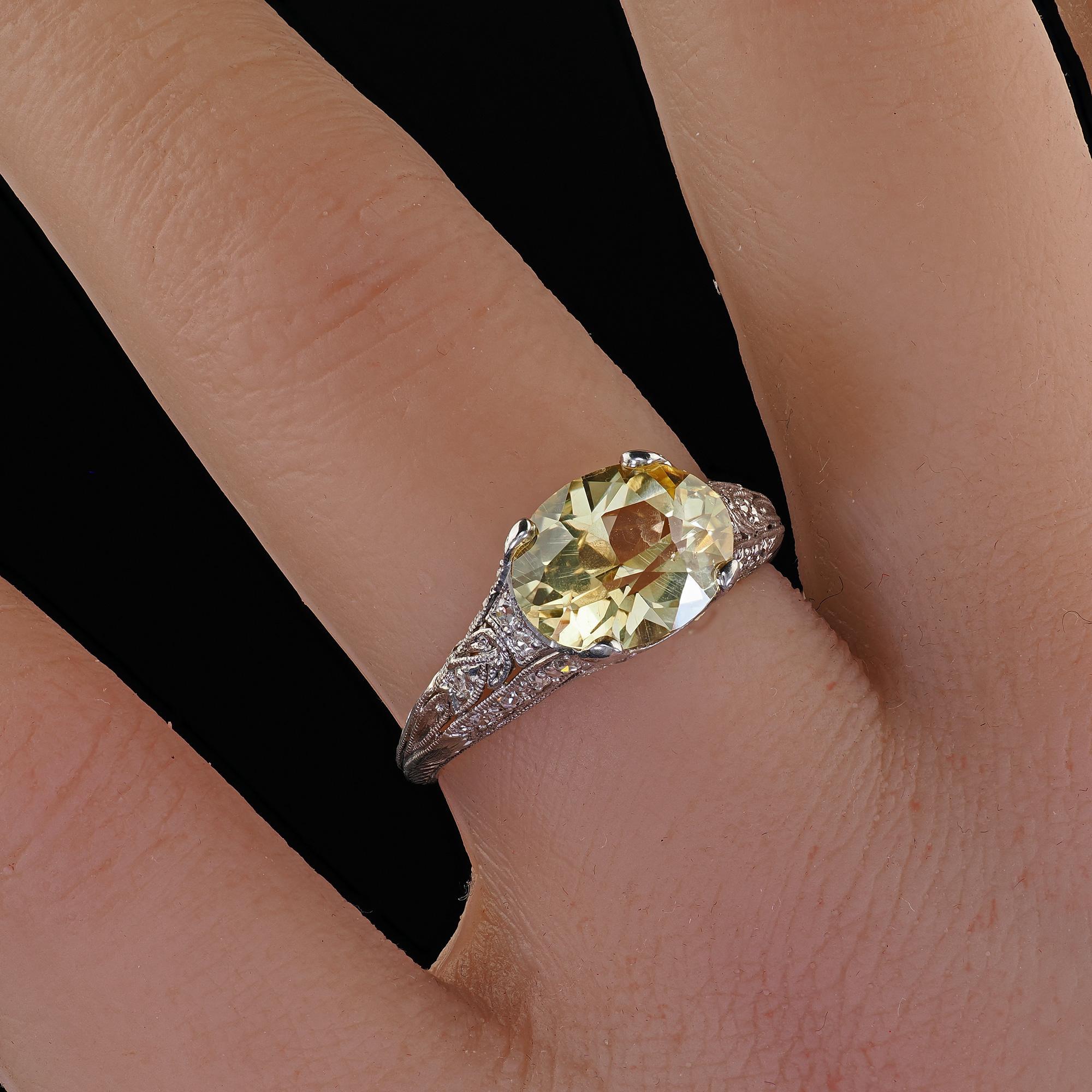 Antique Edwardian Platinum Natural Yellow Sapphire Diamond Engagement Ring - GIA For Sale 5