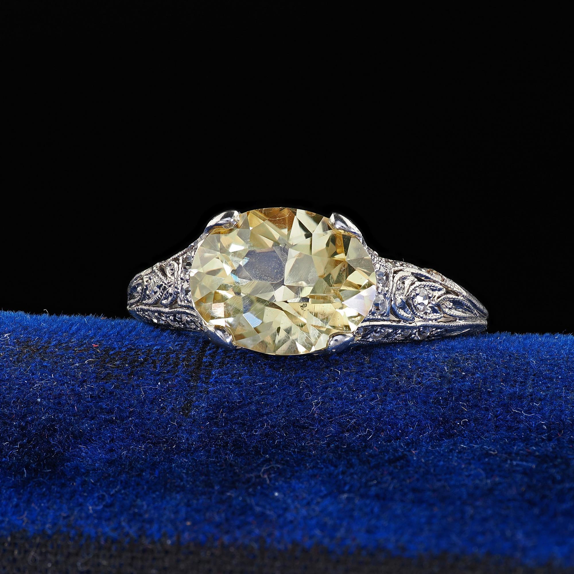 Beautiful Antique Edwardian Platinum Natural Yellow Sapphire Diamond Engagement Ring - GIA. This amazing Edwardian natural sapphire and diamond engagement ring is crafted in platinum. This gorgeous ring features a natural no heat yellow sapphire in