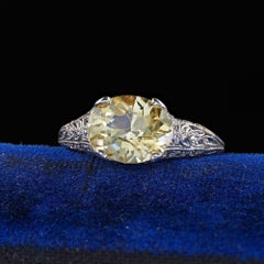 Antique Edwardian Platinum Natural Yellow Sapphire Diamond Engagement Ring - GIA
