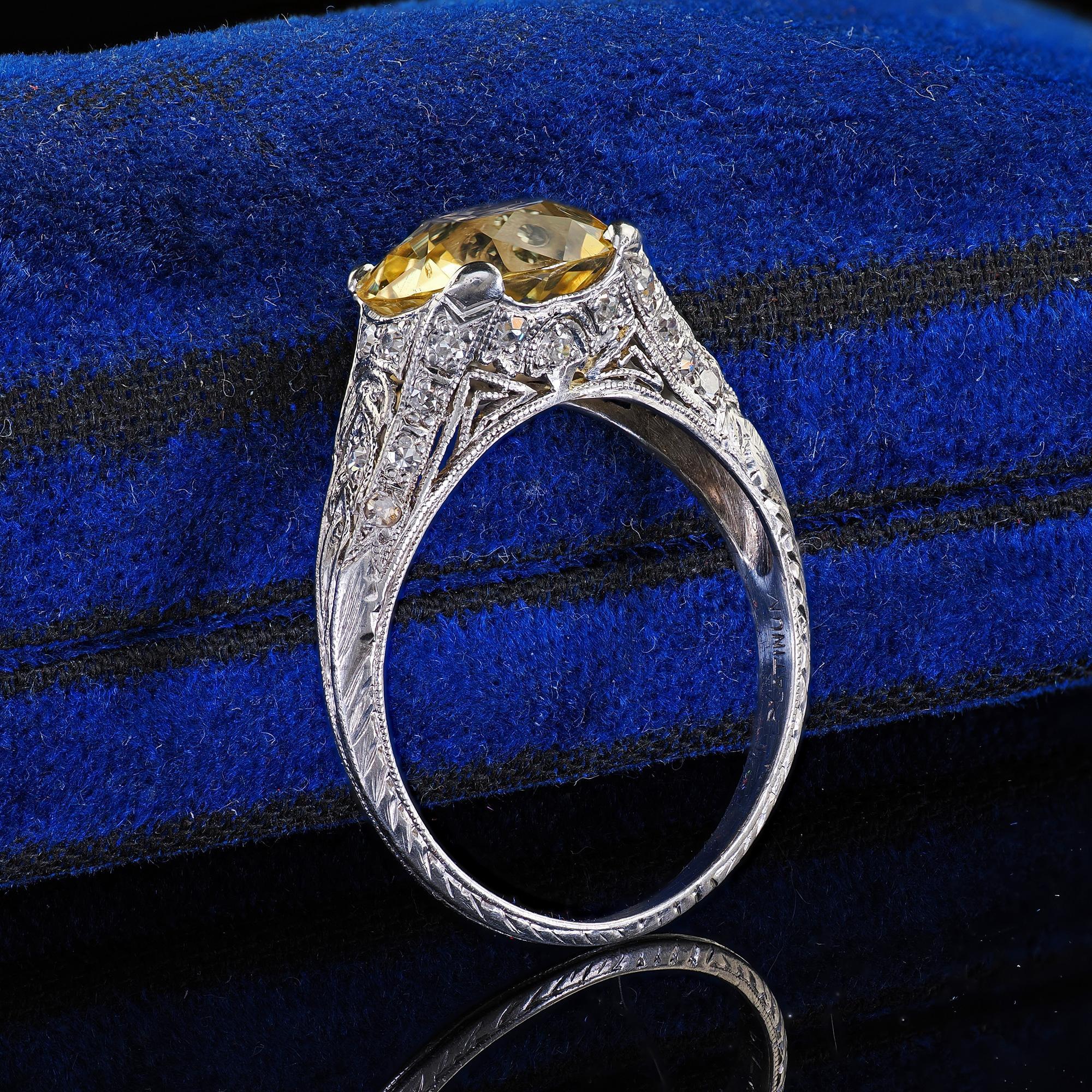 Oval Cut Antique Edwardian Platinum Natural Yellow Sapphire Diamond Engagement Ring - GIA For Sale