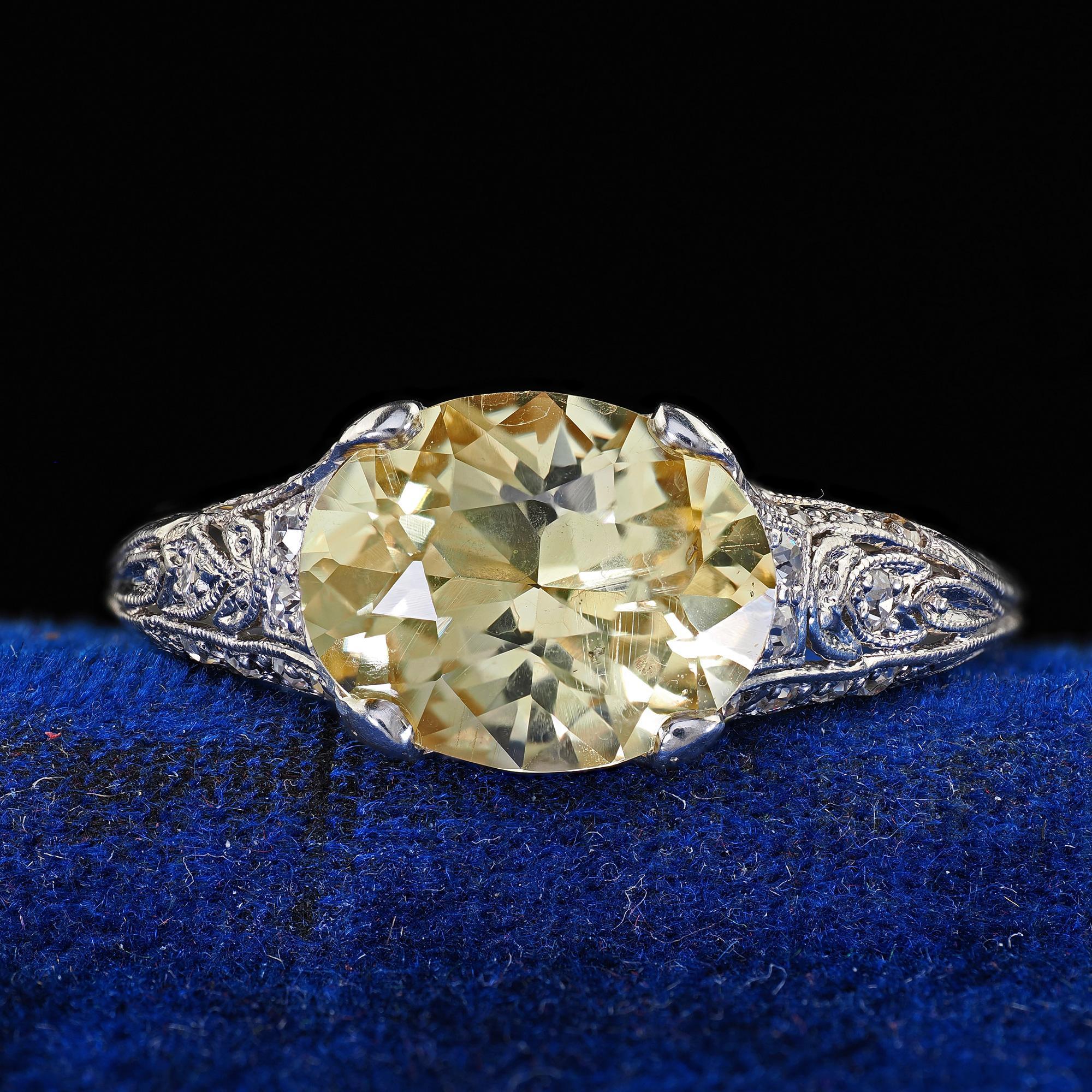 Antique Edwardian Platinum Natural Yellow Sapphire Diamond Engagement Ring - GIA For Sale 1