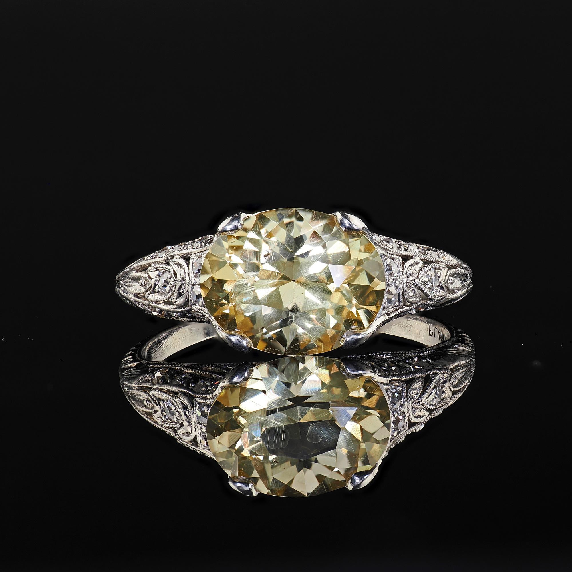 Antique Edwardian Platinum Natural Yellow Sapphire Diamond Engagement Ring - GIA For Sale 2