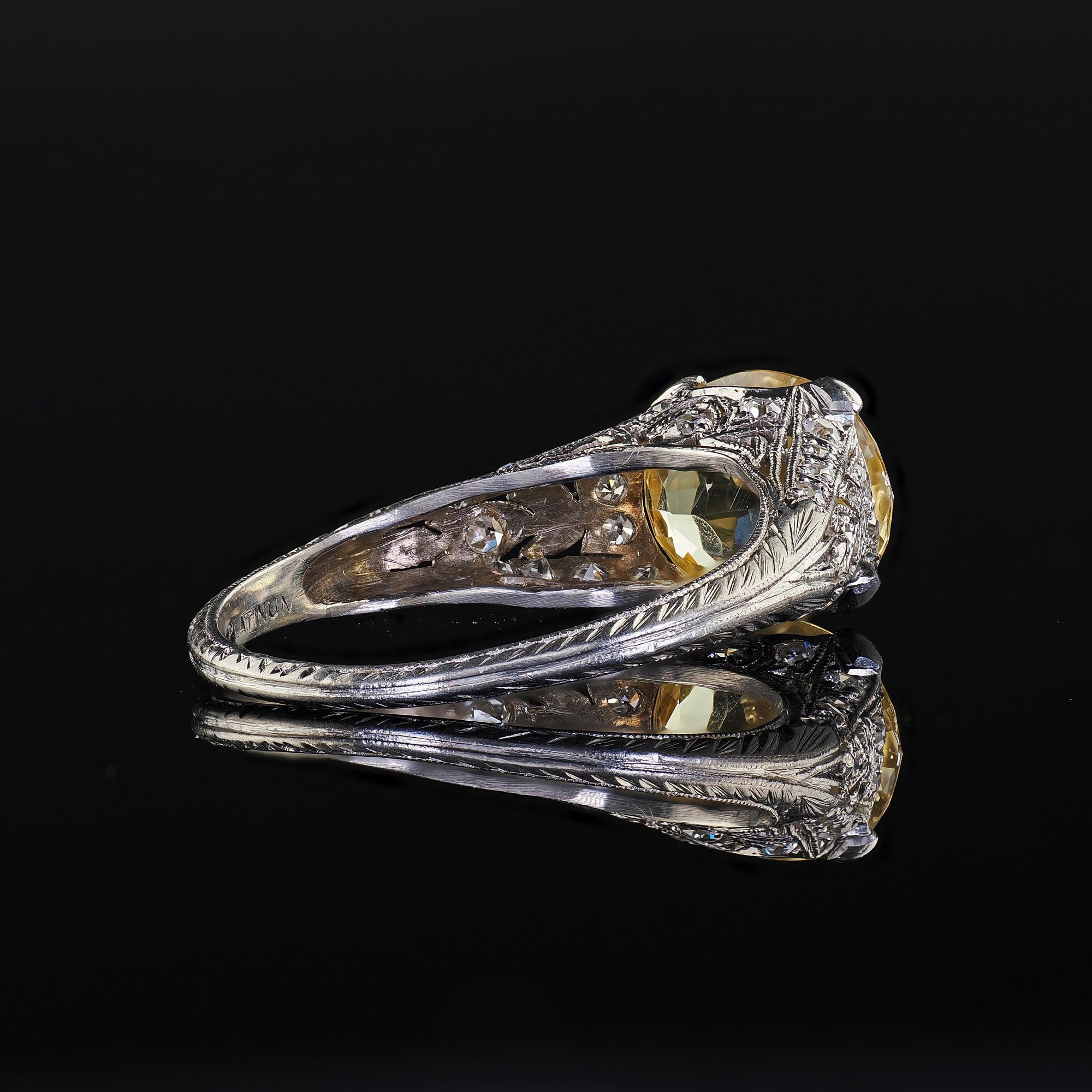 Antique Edwardian Platinum Natural Yellow Sapphire Diamond Engagement Ring - GIA For Sale 3