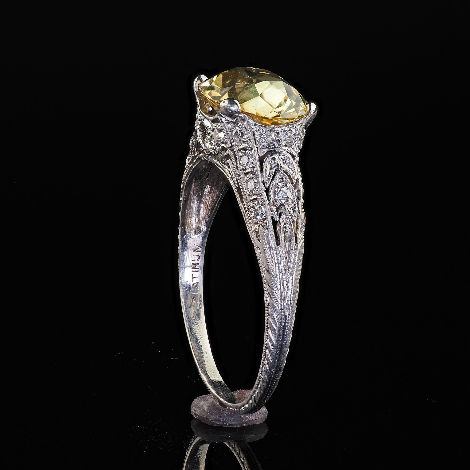 Antique Edwardian Platinum Natural Yellow Sapphire Diamond Engagement Ring - GIA For Sale 4