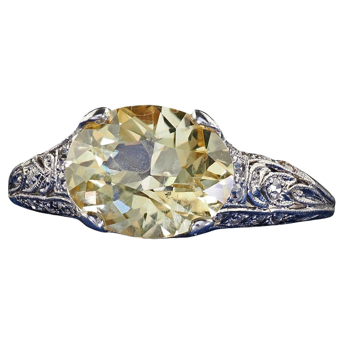 Antique Edwardian Platinum Natural Yellow Sapphire Diamond Engagement Ring - GIA For Sale