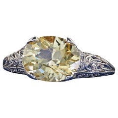 Antique Edwardian Platinum Natural Yellow Sapphire Diamond Engagement Ring - GIA